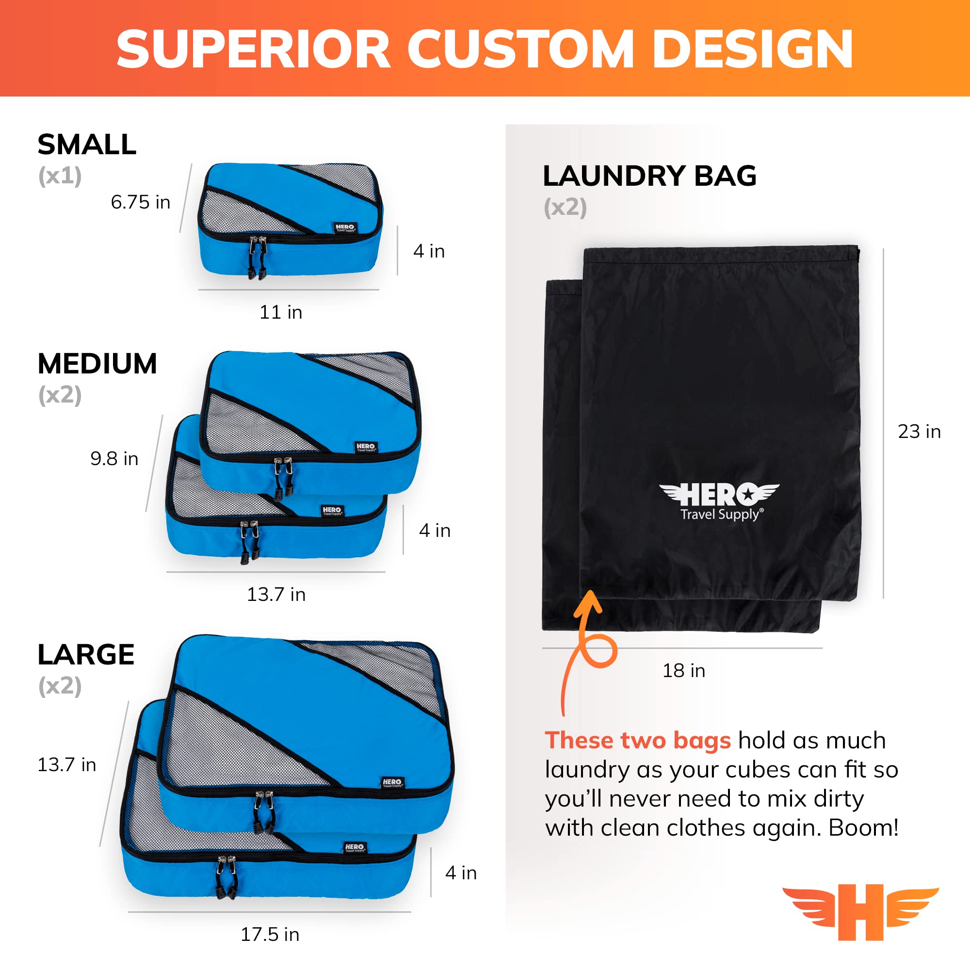 HERO Packing Cubes Set of 5 - Premium Travel Luggage Organizers with 2 Laundry Bags for Suitcase Organization | Perfect for Business Trips, Vacations & Family Travel