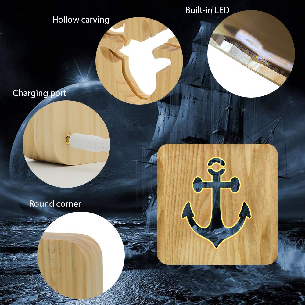 Handcrafted Wooden Sailing Boat Anchor Night Light - Warm White LED Nautical Bedside Lamp for Home, Bedroom, Party & Boat Decor | Unique Ocean-Themed Gift for Men, Women & Sea Lovers | Perfect for Bedside Tables, Nurseries & Marine-Themed Weddings