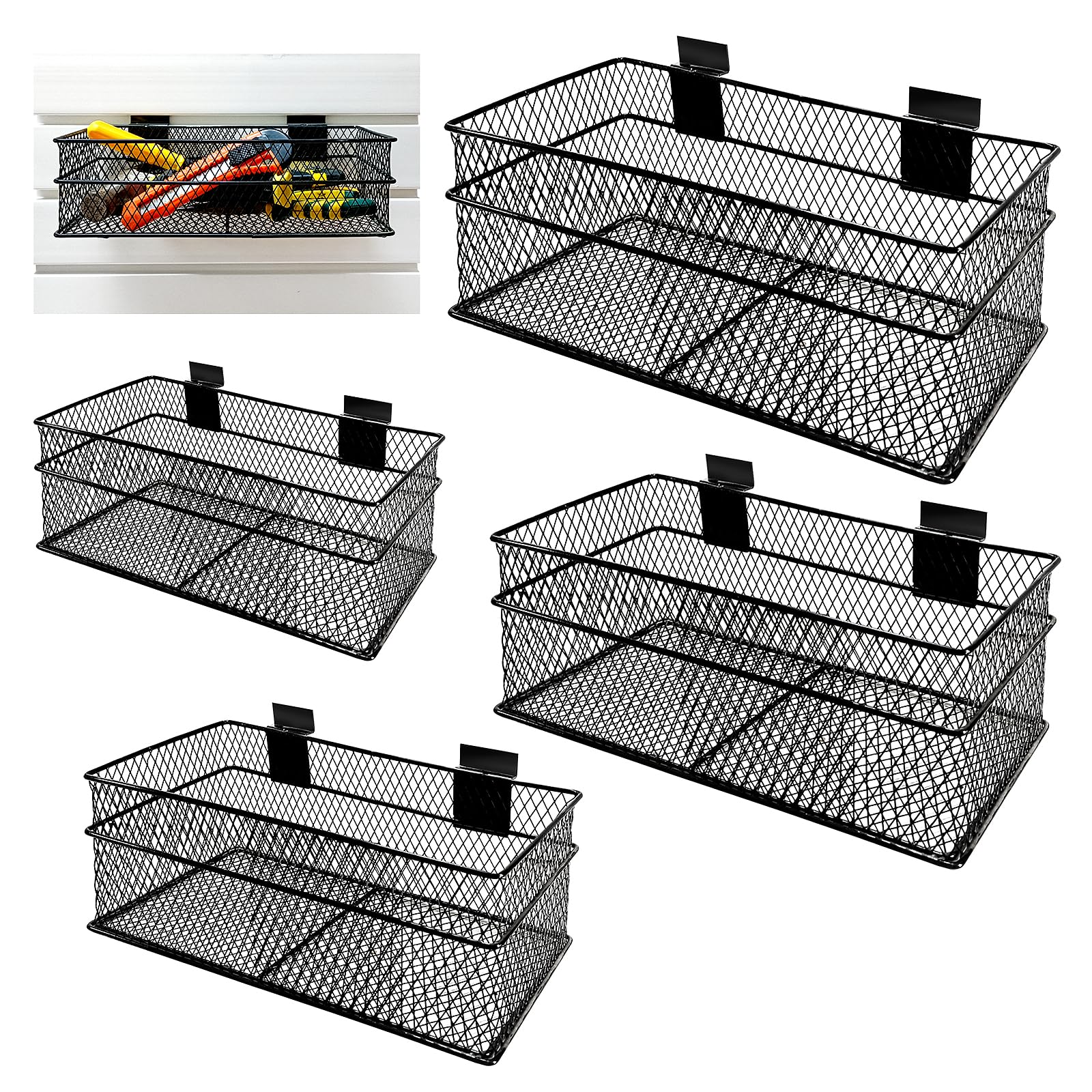 4 Pack Metal Slatwall Baskets - Hanging Wire Storage Bins for Retail Shelving (4 Sizes) - Perfect for Shop Displays, Home Organization & Garage Storage