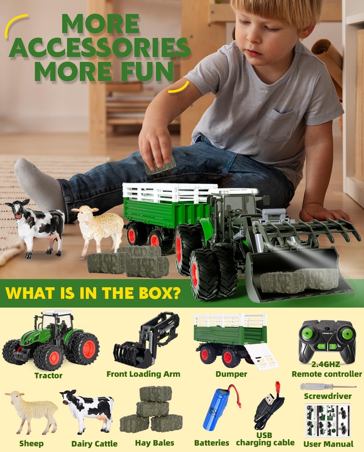 2.4GHz Remote Control Tractor Toy Set for Kids Ages 3-7 - Farm Vehicle with Trailer, Loading Arm & LED Lights - Includes Farm Animals (Cows, Sheep) & Hay Bales - Perfect for Indoor/Outdoor Play, Birthday Gifts & Educational Farm Role-Playing