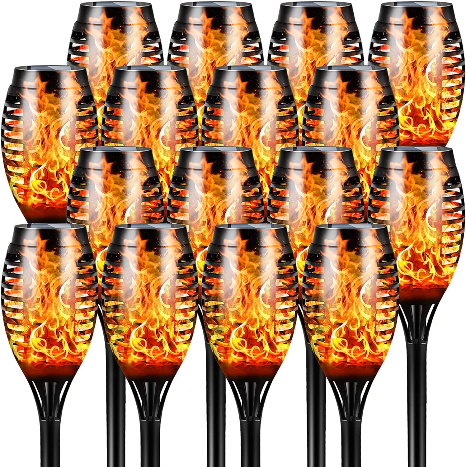 16 Pack Solar Tiki Torches with Flickering Flame - 12 LED IP65 Waterproof Outdoor Lights, Auto On/Off for Garden, Patio, Yard & Pathway - Perfect for Evening BBQs, Pool Parties & Landscape Lighting