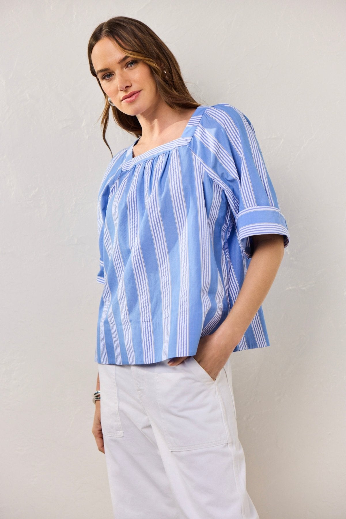 Violet Seersucker Striped Short Sleeve Popover Shirt for Women - Casual Summer Beachwear & Outdoor Activities