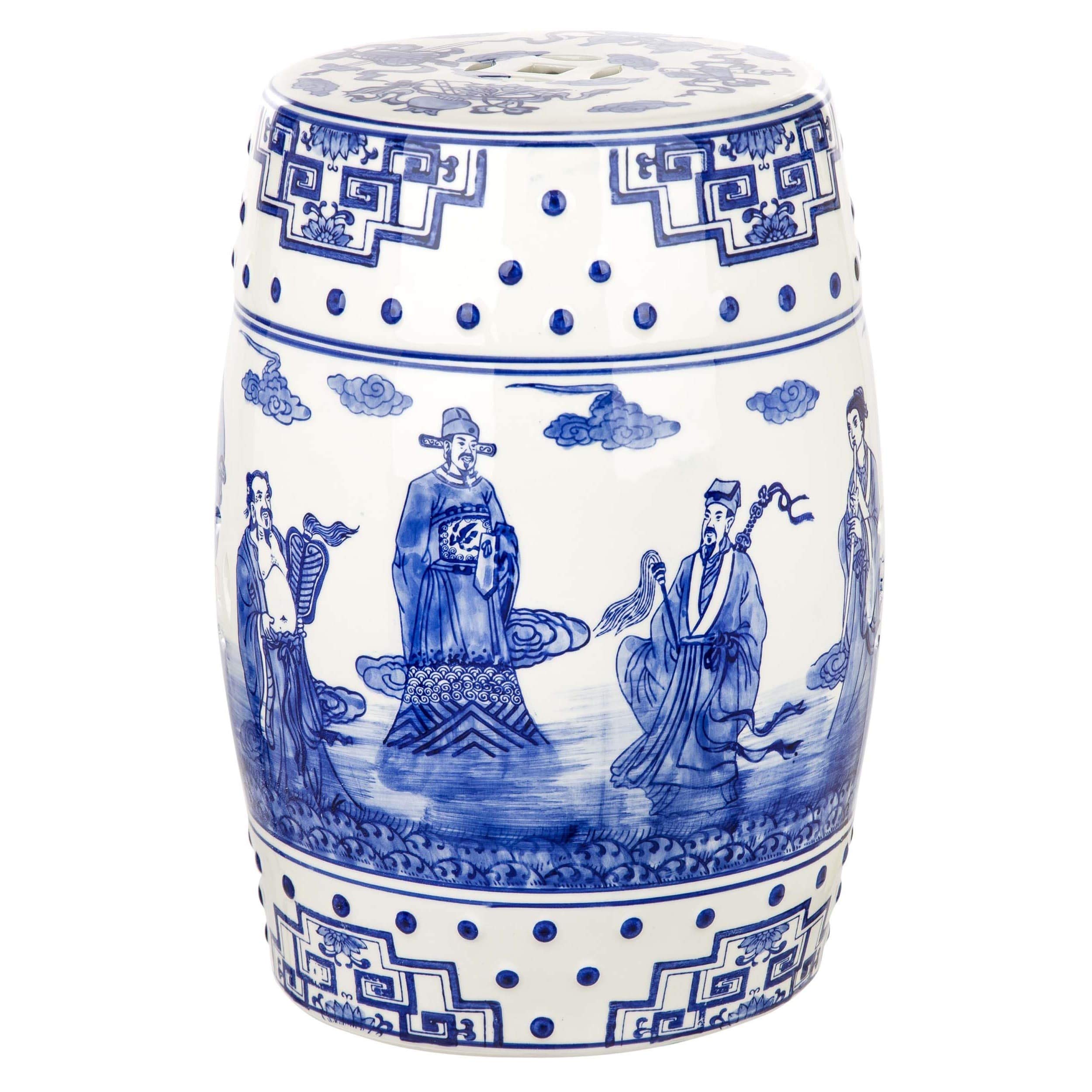 Handmade Blue Chinoiserie Ceramic Garden Stool - Ocean Jewel Design for Outdoor Patio, Porch Decor & Transitional Home Style