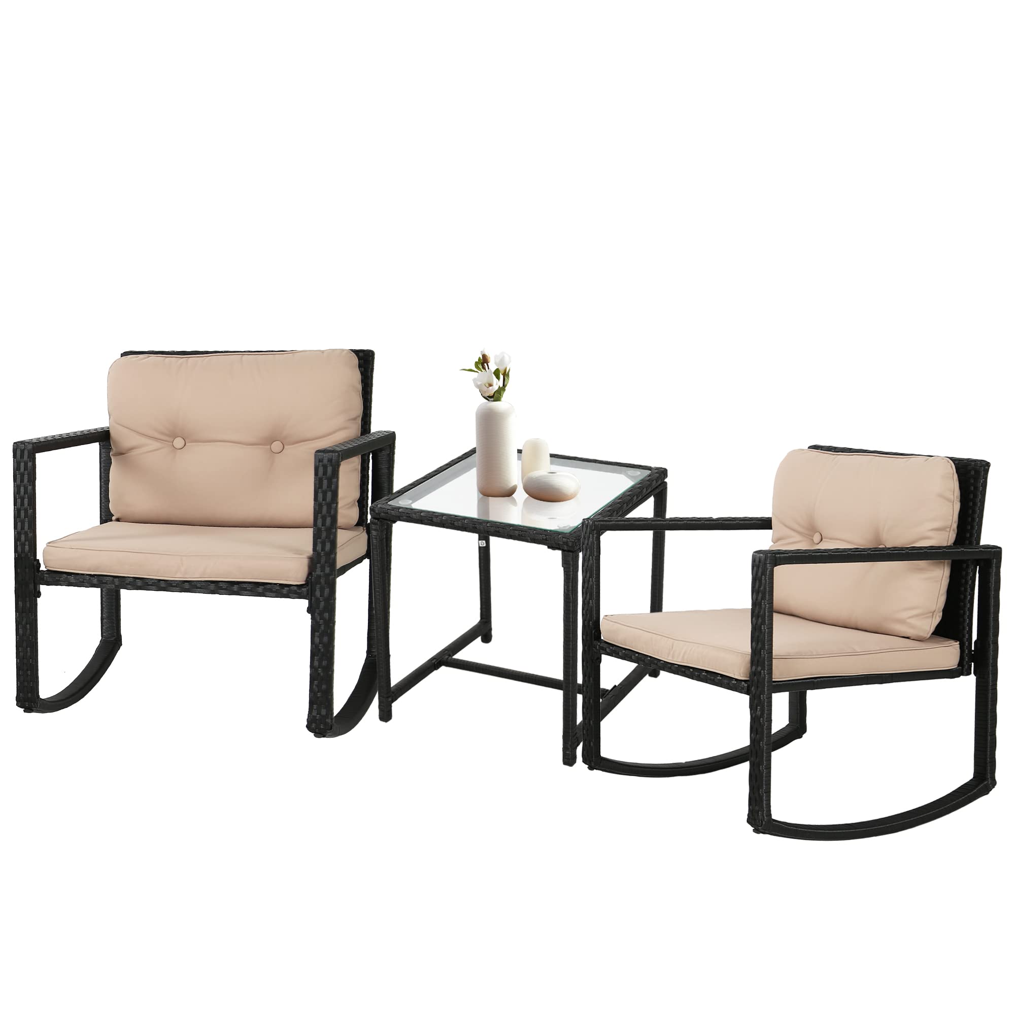 3-Piece Black Wicker Patio Furniture Set with Rocking Bistro Chairs & Glass Coffee Table - Outdoor Conversation Set for Backyard, Porch, Poolside, Lawn or Garden Relaxation