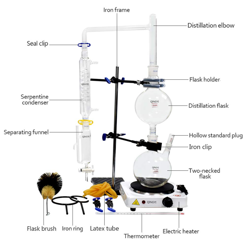 1000ml Essential Oil Distillation Kit with Hot Plate & Graham Condenser - 24/40 Joint Glassware Set for Aromatherapy, Herbal Extraction & Home Distilling | Includes Separating Funnel & Water Purifier