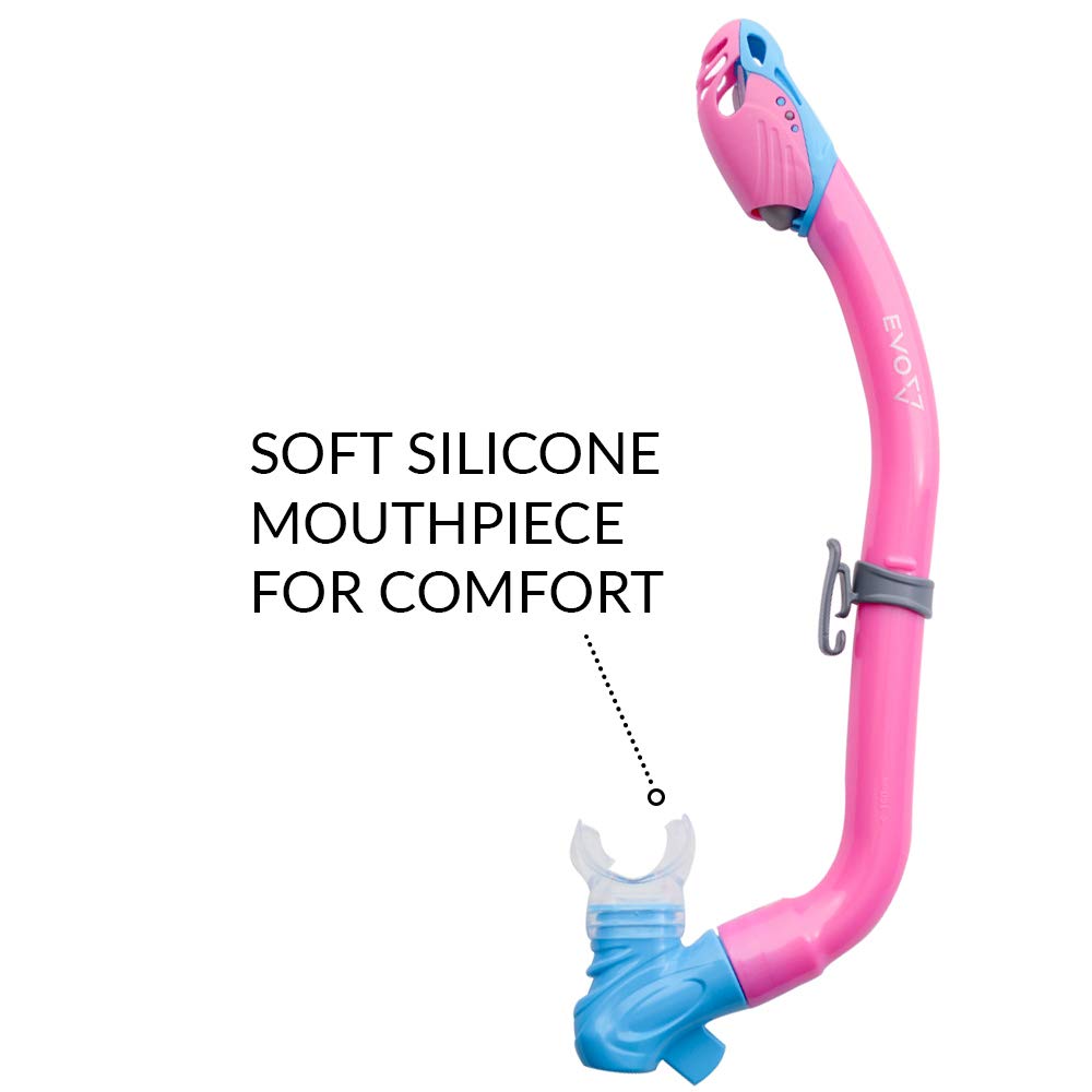EVO One Dry Snorkel for Kids - Comfortable Snorkeling Gear with Splash Guard & Lower Purge Valve | Perfect for Swimming, Beach Vacations & Underwater Adventures | Safe & Easy Breathing for Children Ages 6-12
