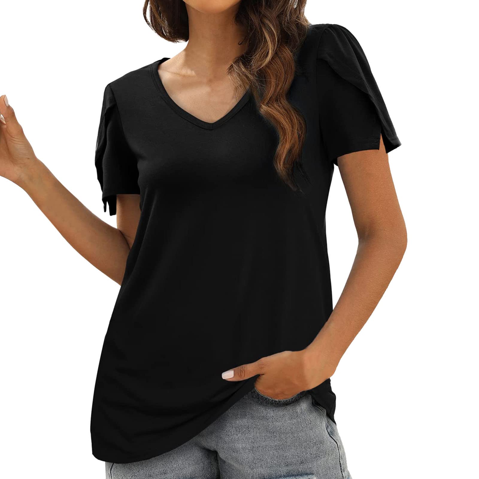 Plus Size Women's Summer V-Neck Printed T-Shirt with Petal Sleeves - Comfortable Short Sleeve Top for Casual Wear (Black, XXL) | Perfect for Outings, Beach Days & Everyday Fashion