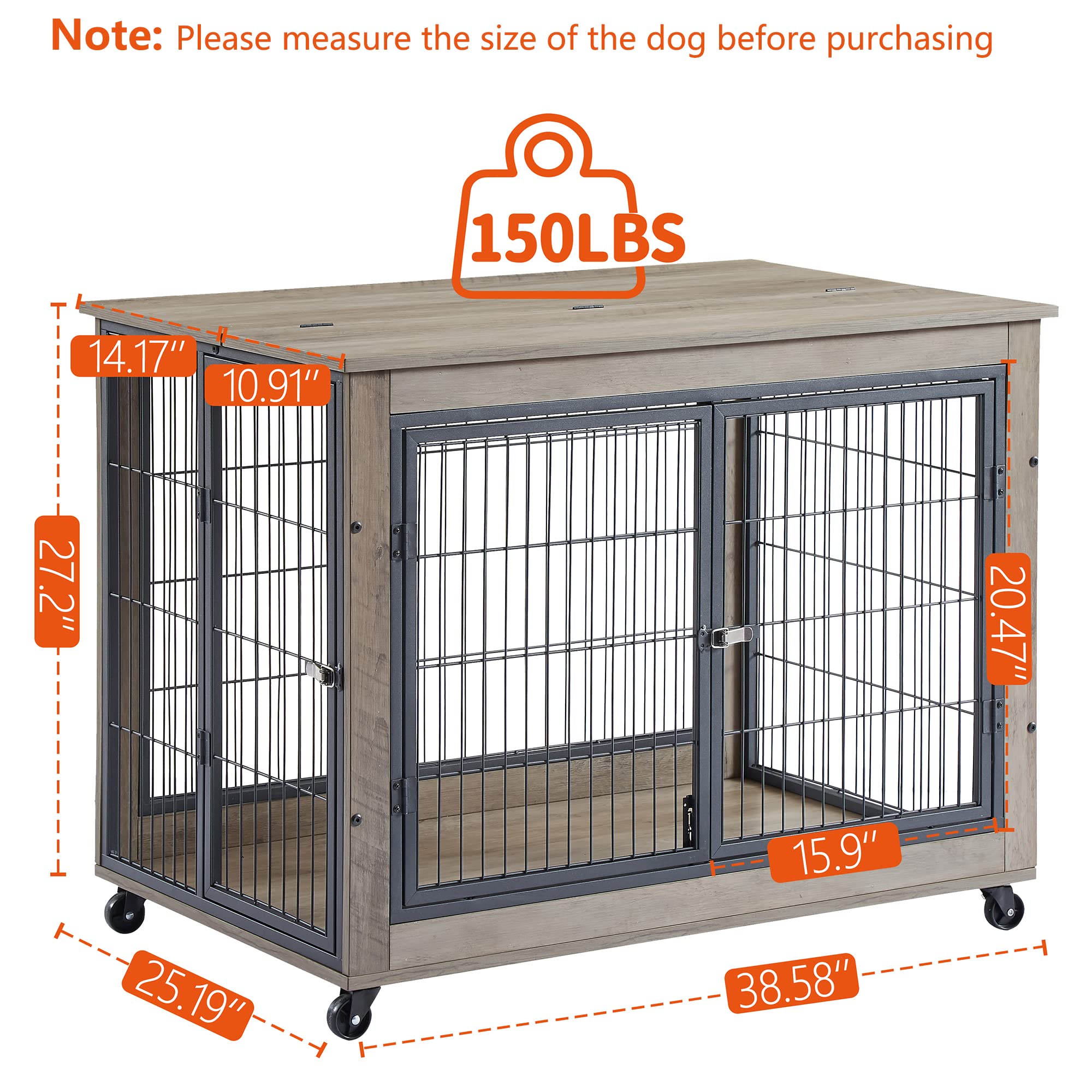 Stylish Wooden Dog Crate Furniture with Wheels - 38.6