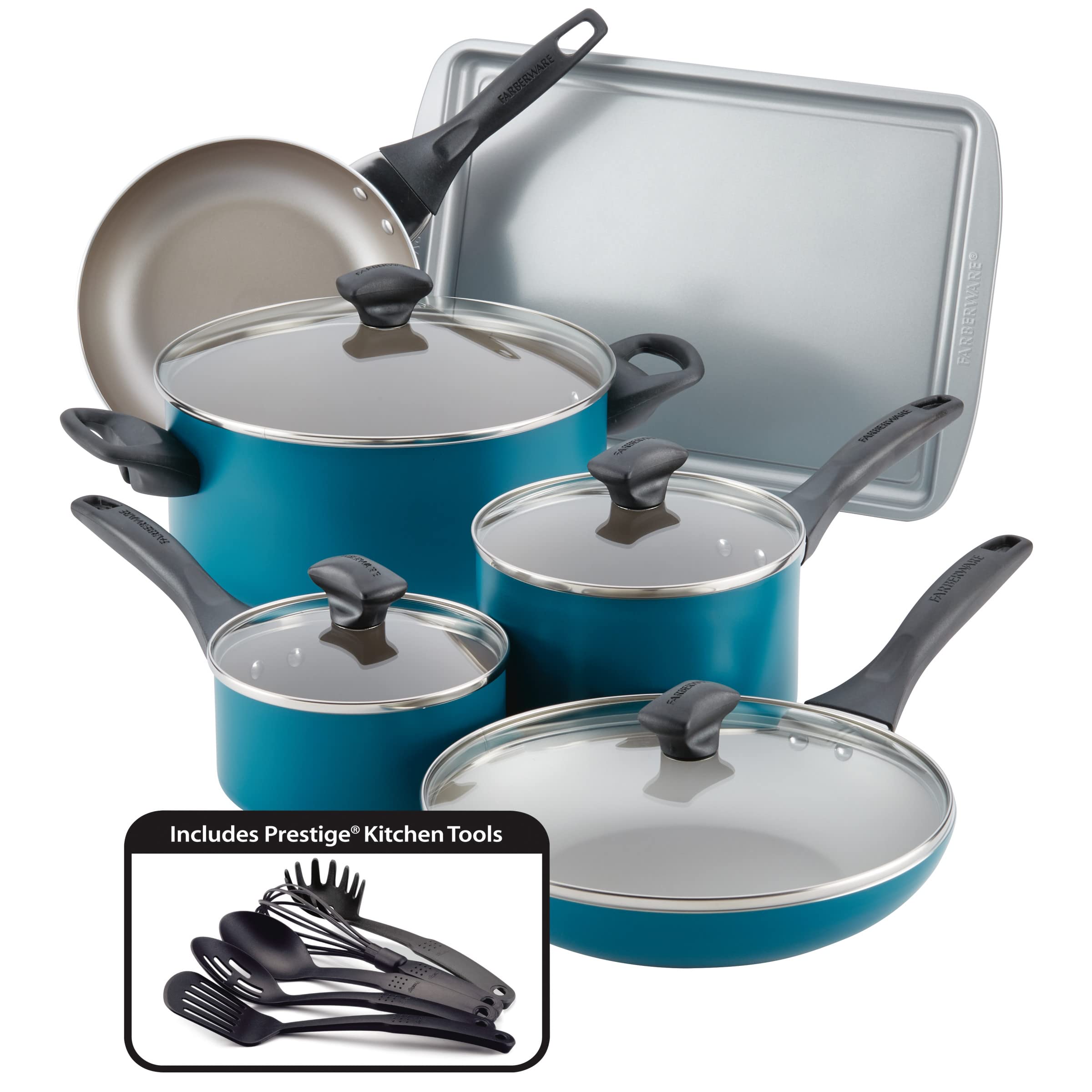 Farberware 15-Piece Nonstick Cookware Set - Dishwasher Safe Pots and Pans in Teal - Perfect for Family Cooking, Meal Prep & Everyday Kitchen Use