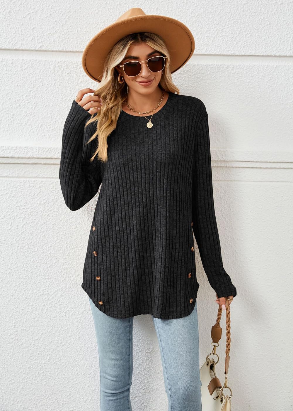 Lafural Women's Long Sleeve Tunic Tops - Fall Crew Neck Button Down Sweater Shirts for Women | Casual Office Wear & Autumn Layering