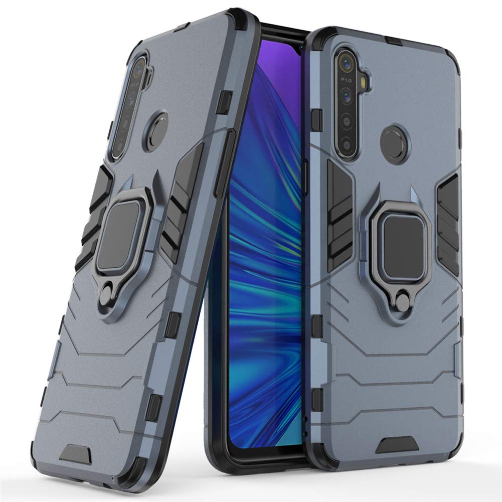 **LuluMain Shockproof Rugged Case for Oppo Realme 5/5i - Hard Bumper with Metal Ring Grip & Kickstand | Compatible with Magnetic Car Mount | Navy Blue | Perfect for Outdoor, Travel & Daily Protection**