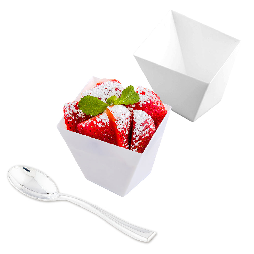 100-Pack 6 oz Square White Plastic Disposable Dessert Cups with 100 Silver Mini Plastic Spoons – Perfect for Parties, Catering, and Ice Cream Shops