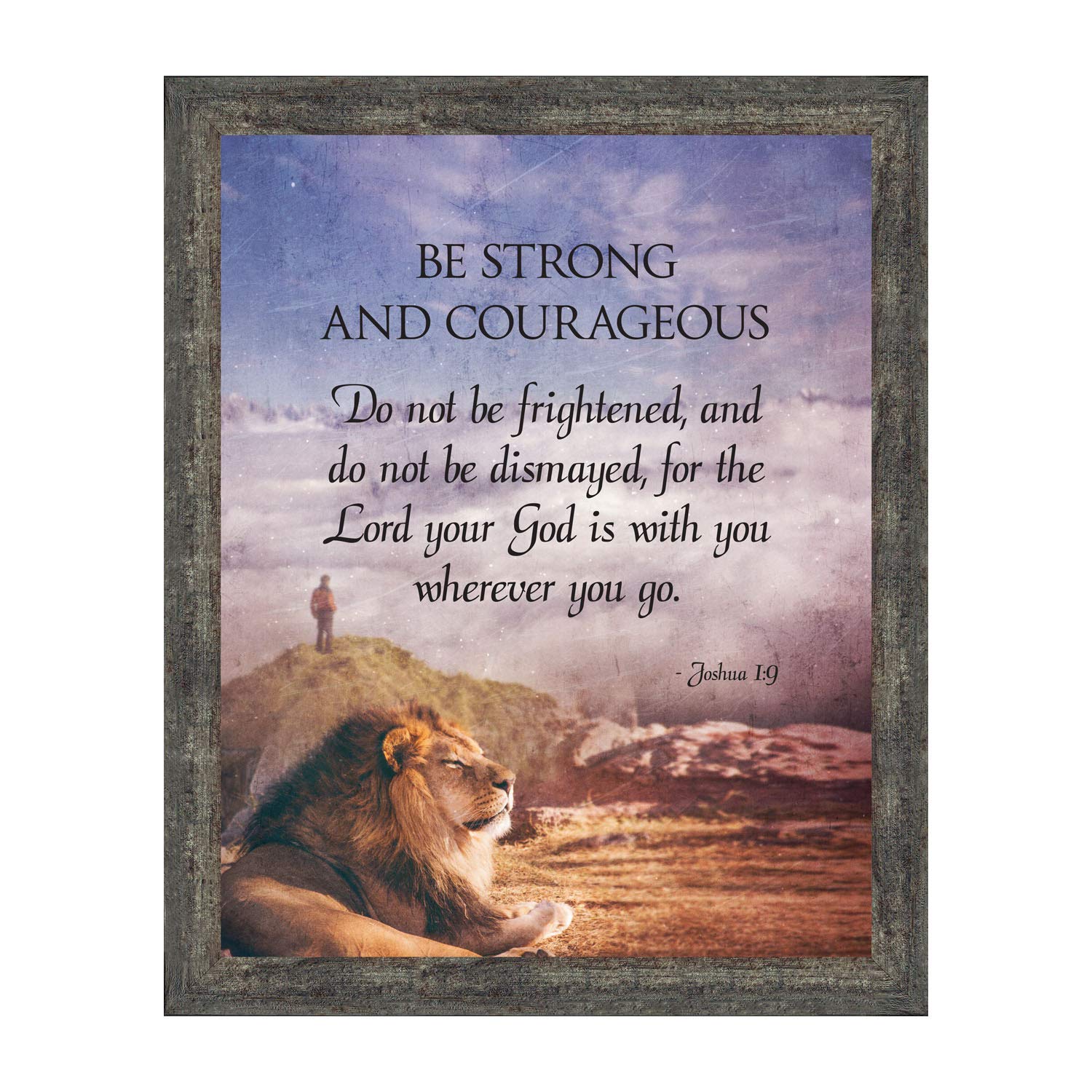 Be Strong and Courageous Lion Picture Frame - Inspirational Christian Wall Art with Joshua 1:9 Bible Verse - Perfect for Home, Office & Church Decor - 2108BW