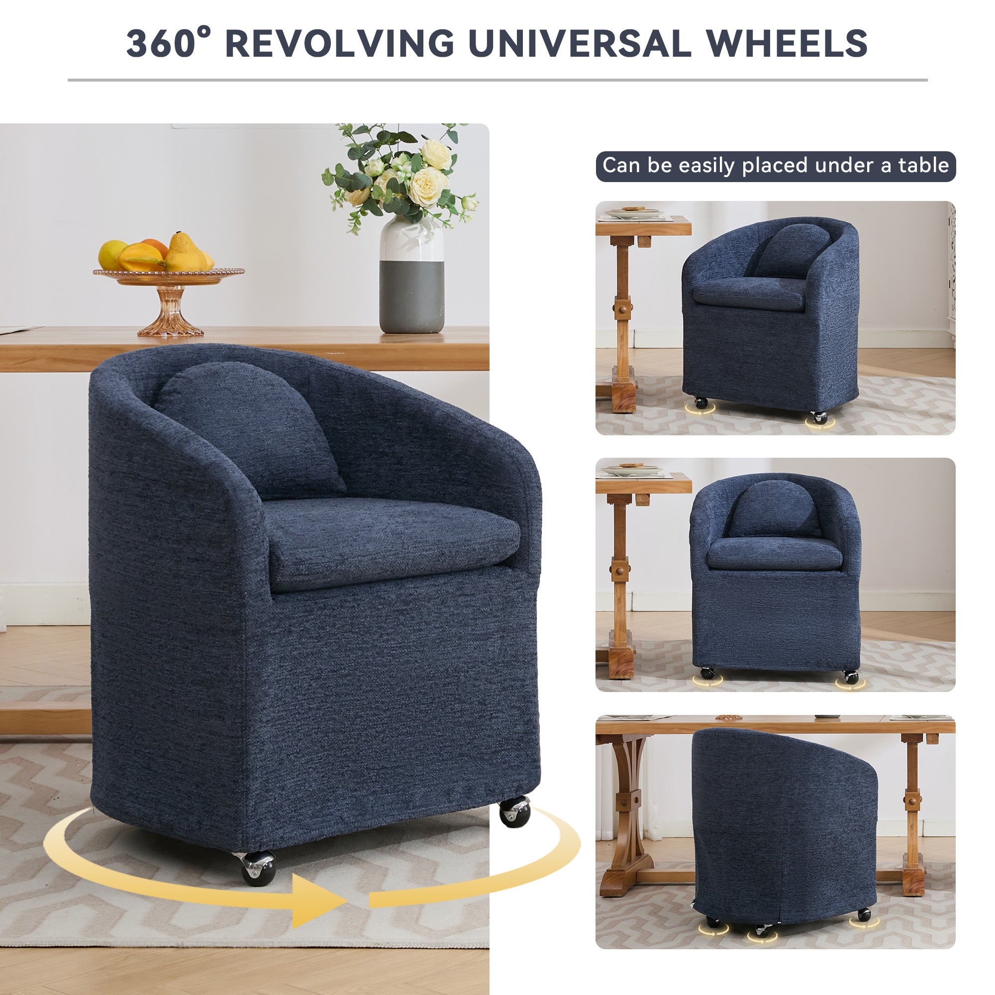 5-Piece Chenille Fabric Dining Armchair Set with Removable Back Cushion & Universal Wheels - Navy Blue - Comfortable Upholstered Chairs for Kitchen, Dining Room & Office Use