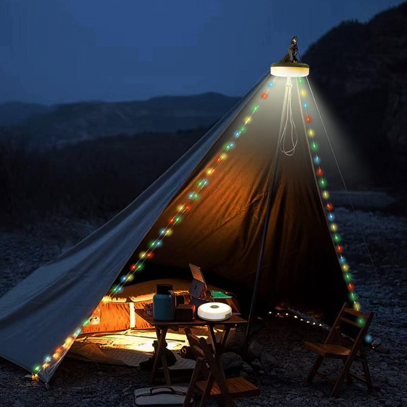 33ft Waterproof Outdoor String Lights - USB Rechargeable RGB & Warm White LED Camping Lights for Tents, Hiking, Backyard, Patio & Travel | IP44 Rated, Quick Storage Portable Lantern