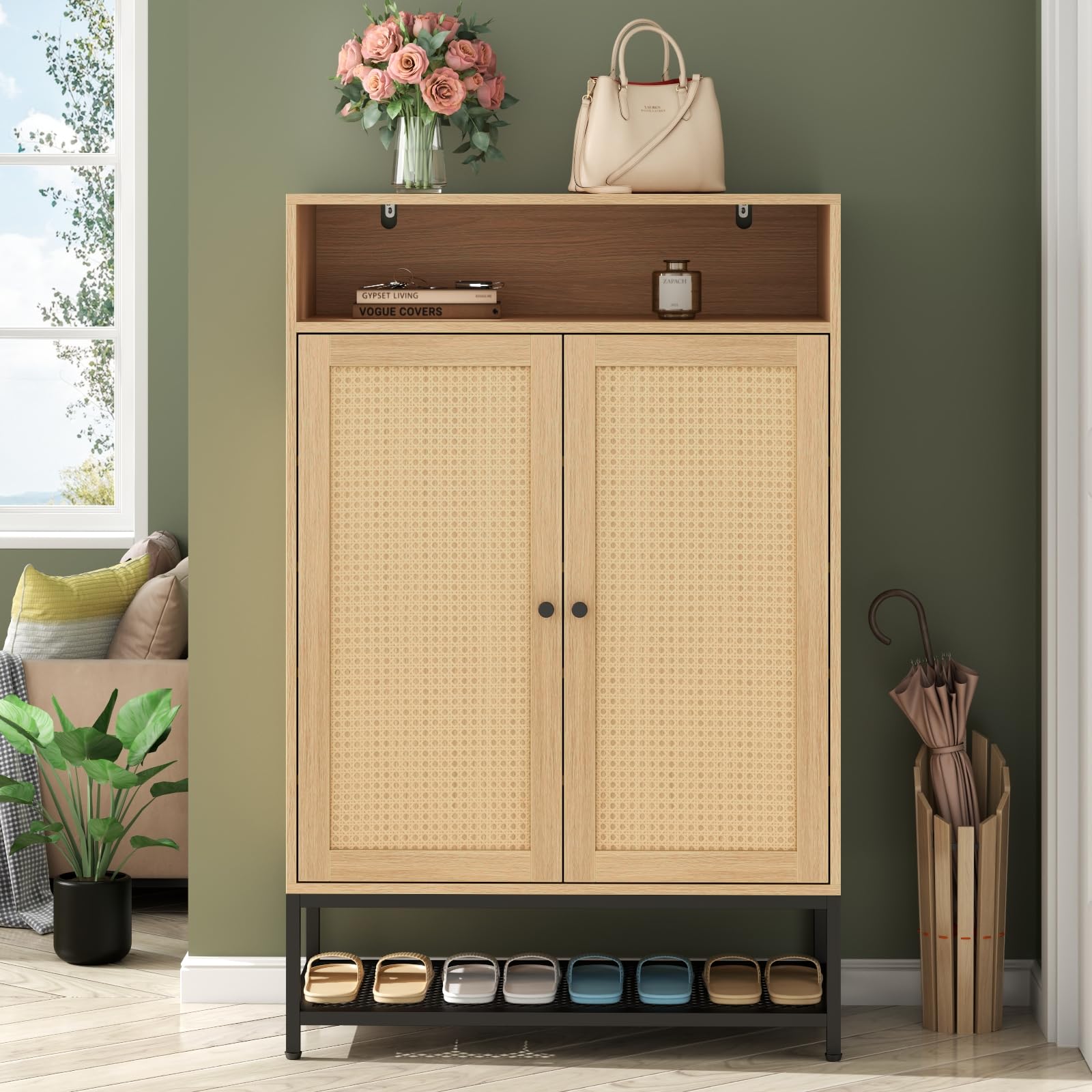 7-Tier Rattan Shoe Storage Cabinet with Adjustable Shelves & Doors - Entryway Shoe Organizer for Hallway, Closet, Living Room | Perfect for Small Spaces & Home Organization