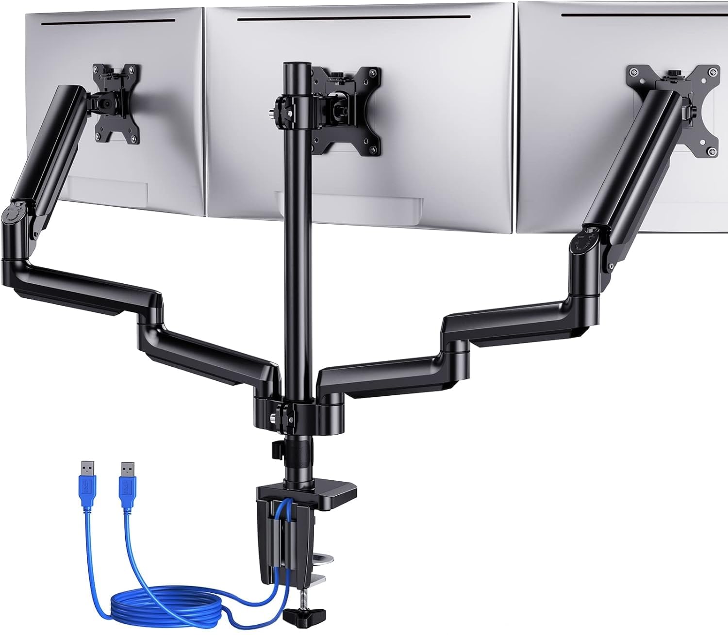 ErGear Triple Monitor Stand for 27 Inch Screens - Adjustable Gas Spring Arms with USB Ports, Supports 17.6 lbs Each (VESA 75x75/100x100) - Perfect for Home Office, Gaming Setup & Multi-Tasking Workspaces