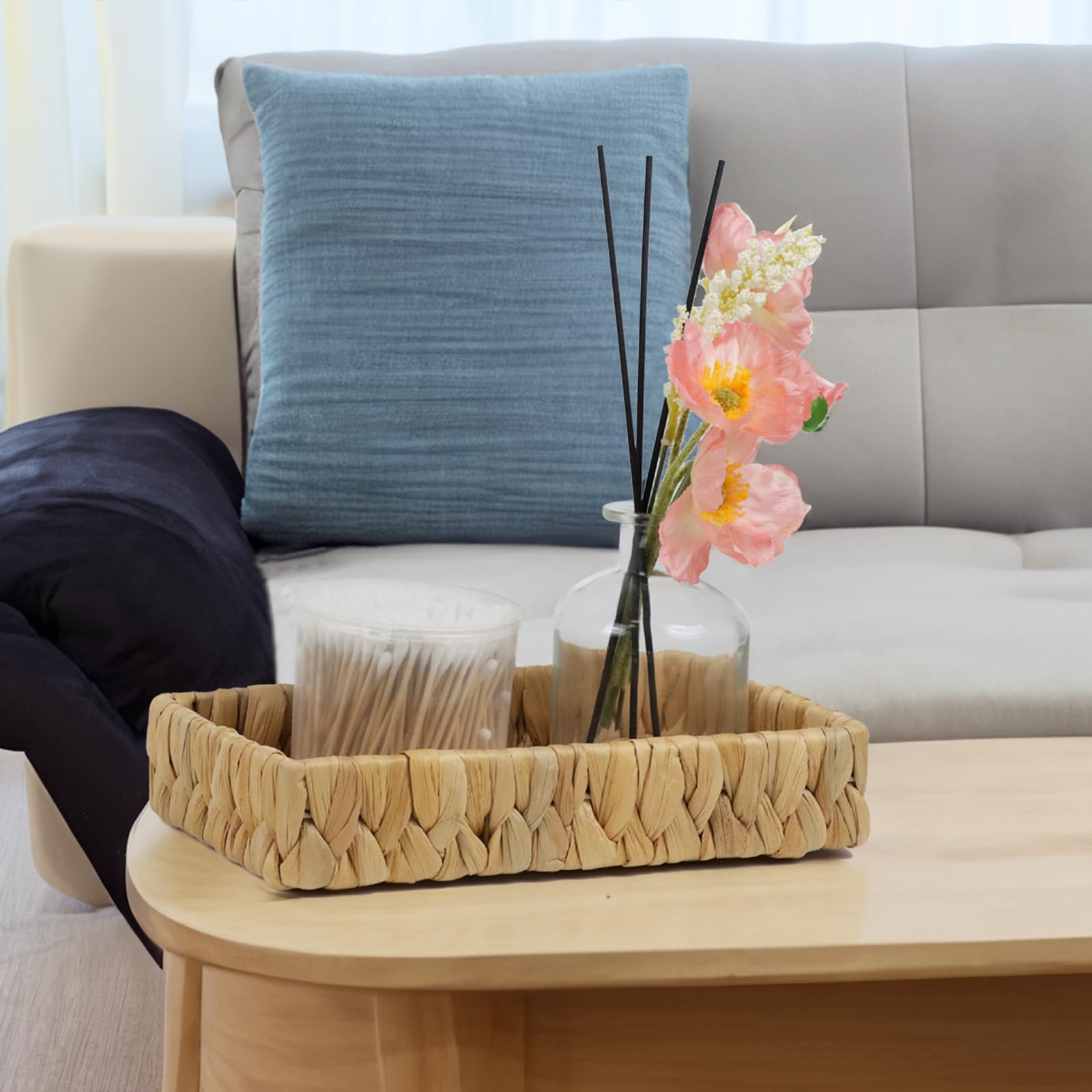 10 Inch Water Hyacinth Bathroom Tray - Rattan Wicker Vanity Organizer for Toilet Tank & Countertop | Small Decorative Basket for Bathroom Decor, Coffee Table & Home Organization