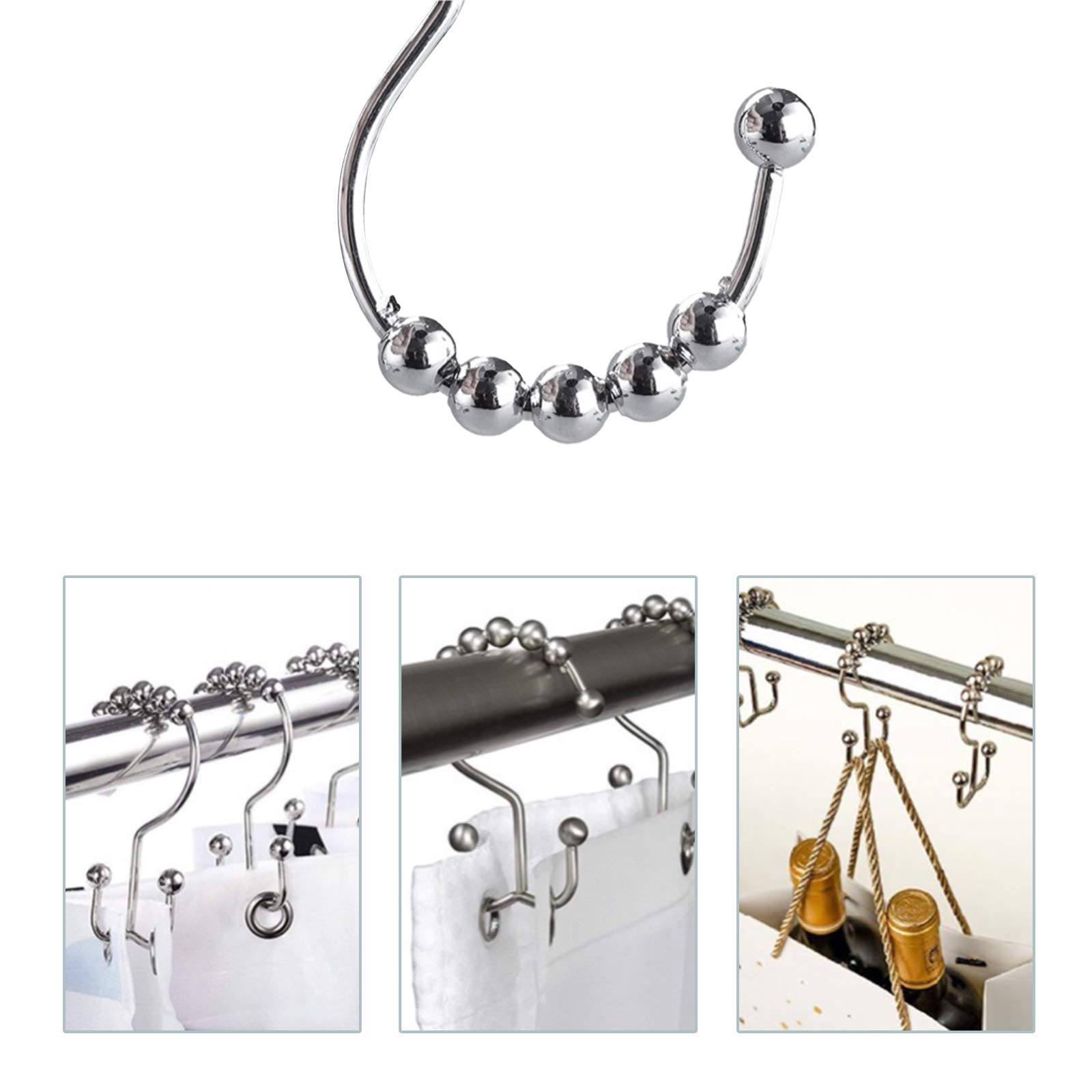 Premium Stainless Steel Shower Curtain Hooks - 12 Pack Polished Chrome Double Glide Rings for Bathroom Rods | Durable Rust-Resistant Metal Hooks for Easy Curtain Installation | Perfect for Home, Hotel, and Spa Bathrooms