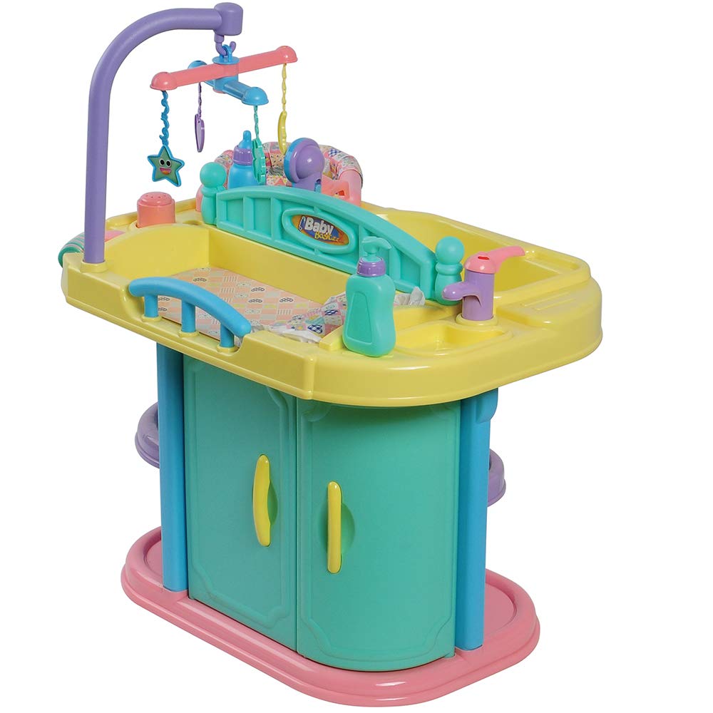 Constructive Playthings Baby Doll Changing Table with Accessories - Multicolor Wooden Play Set for Toddlers & Kids - Perfect for Pretend Play, Nursery Role Play & Early Childhood Development