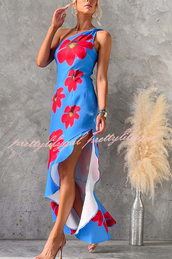 Elegant Muse Floral Print One Shoulder Ruffled Maxi Dress with High Slit | Summer Beach Wedding, Party & Evening Gown | Women's Fashion