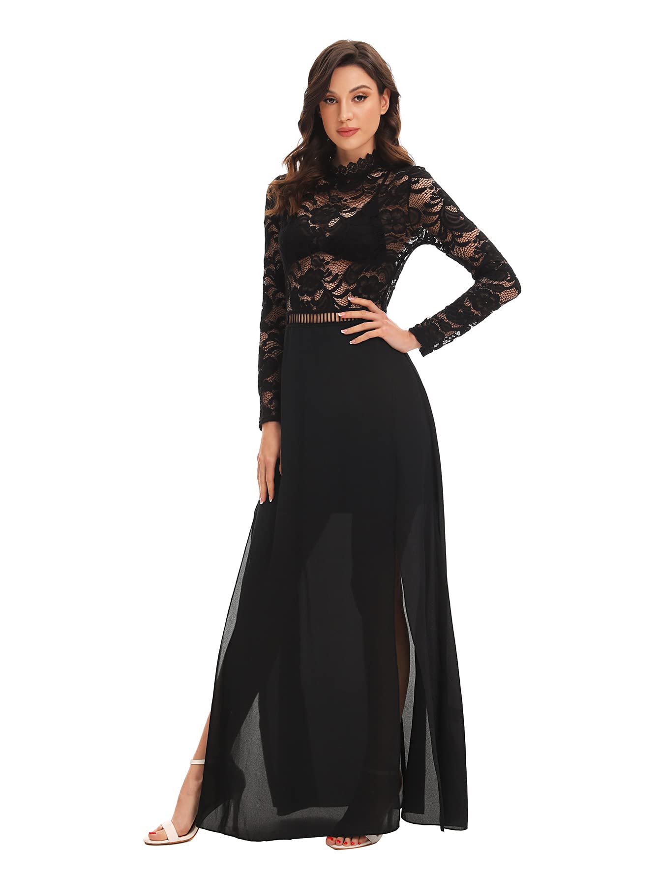SweatyRocks Women's Sexy Sheer Lace Long Sleeve Split Maxi Cocktail Dress for Evening Party, Formal Events & Special Occasions