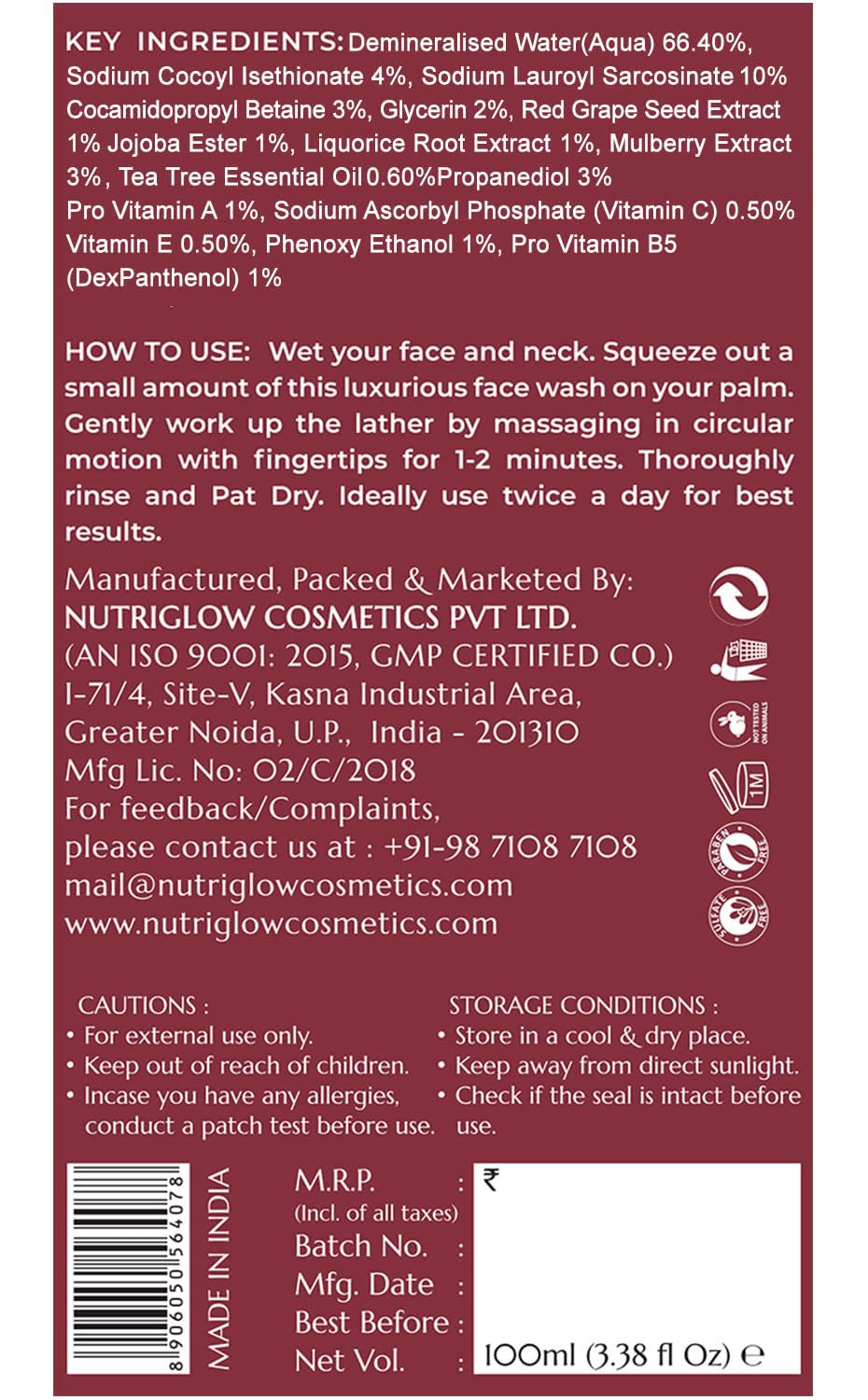 NUTRIGLOW Advanced Organics Anti-Aging Face Wash with Red Wine Extract - Reduces Wrinkles & Fine Lines, 100ml | Gentle Daily Cleanser for Youthful Glow