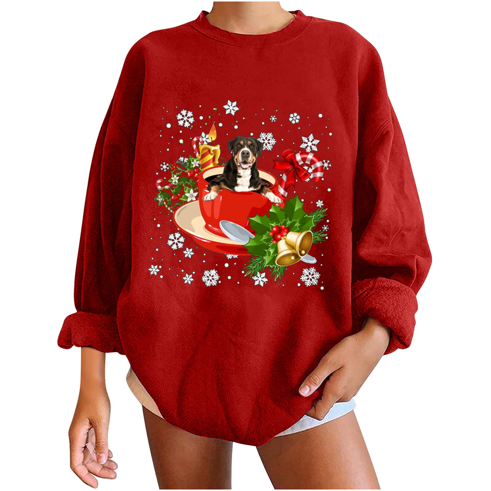 Cute Dog Graphic Christmas Crewneck Sweatshirt for Women - Soft Long Sleeve Pullover Top, Loose Fit Blouse - Perfect for Holiday Parties & Casual Winter Outfits