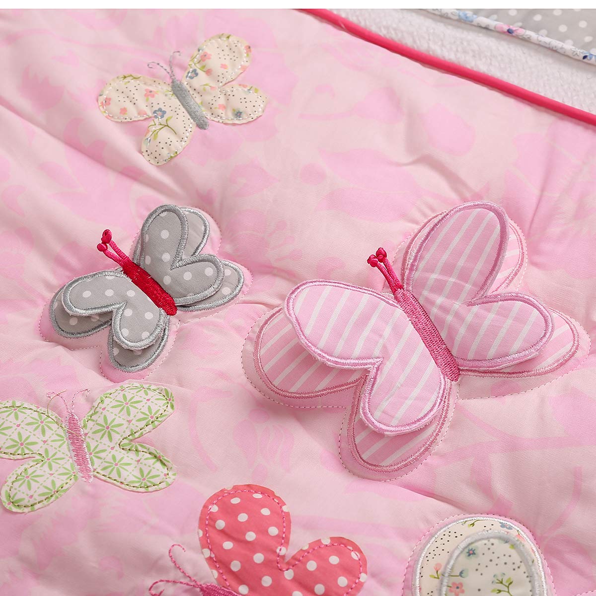 4-Piece Cotton Embroidery Butterfly Nursery Crib Bedding Set for Baby Girls - 3D Quilt, Fitted Sheet, Skirt & Changing Pad Cover (28