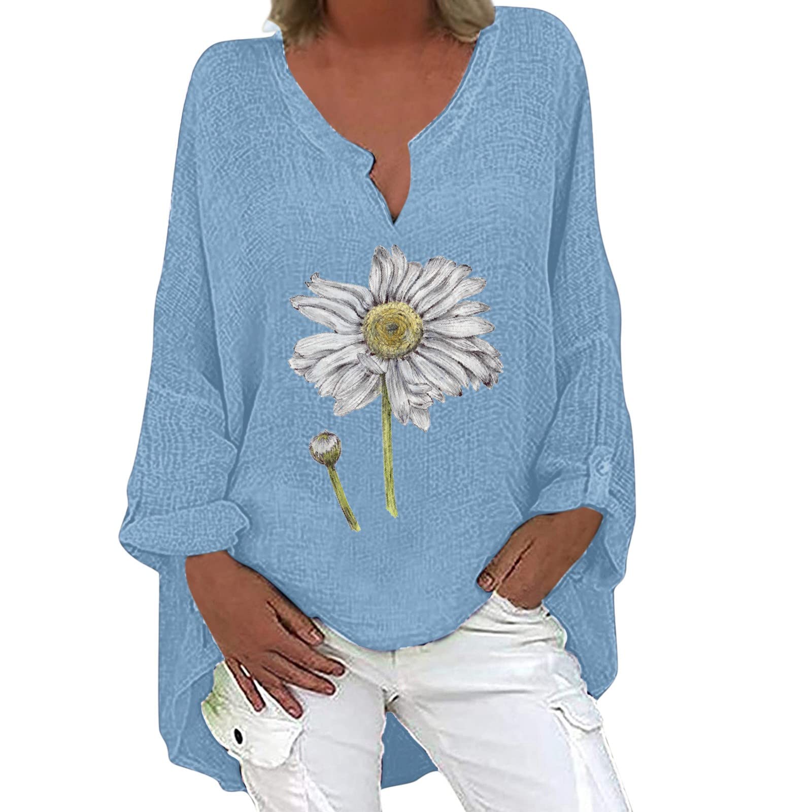 Women's Floral Print V-Neck Long Sleeve T-Shirt with Asymmetrical Hem - Casual Blouse for Everyday Wear, Office Outfits & Date Nights