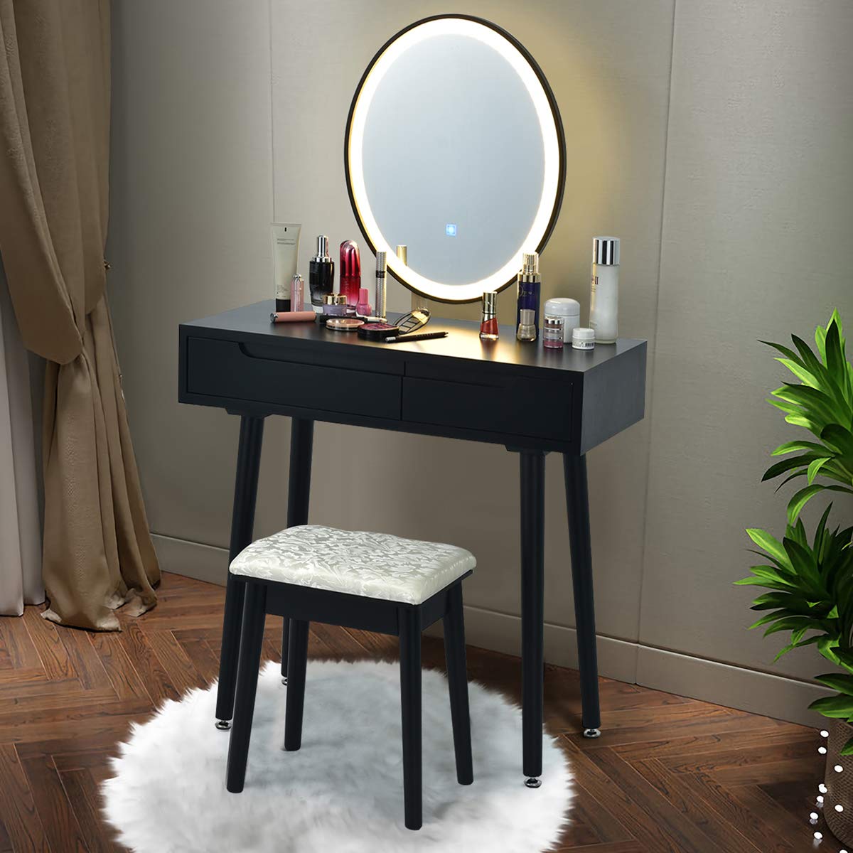 CHARMAID Vanity Set with LED Lighted Mirror - 3 Adjustable Brightness Modes, Makeup Dressing Table with Cushioned Stool, 2 Sliding Drawers & Organizer - Modern Bedroom Vanity for Women & Girls (Black) | Perfect for Makeup Application, Skincare Routine & Bedroom Decor