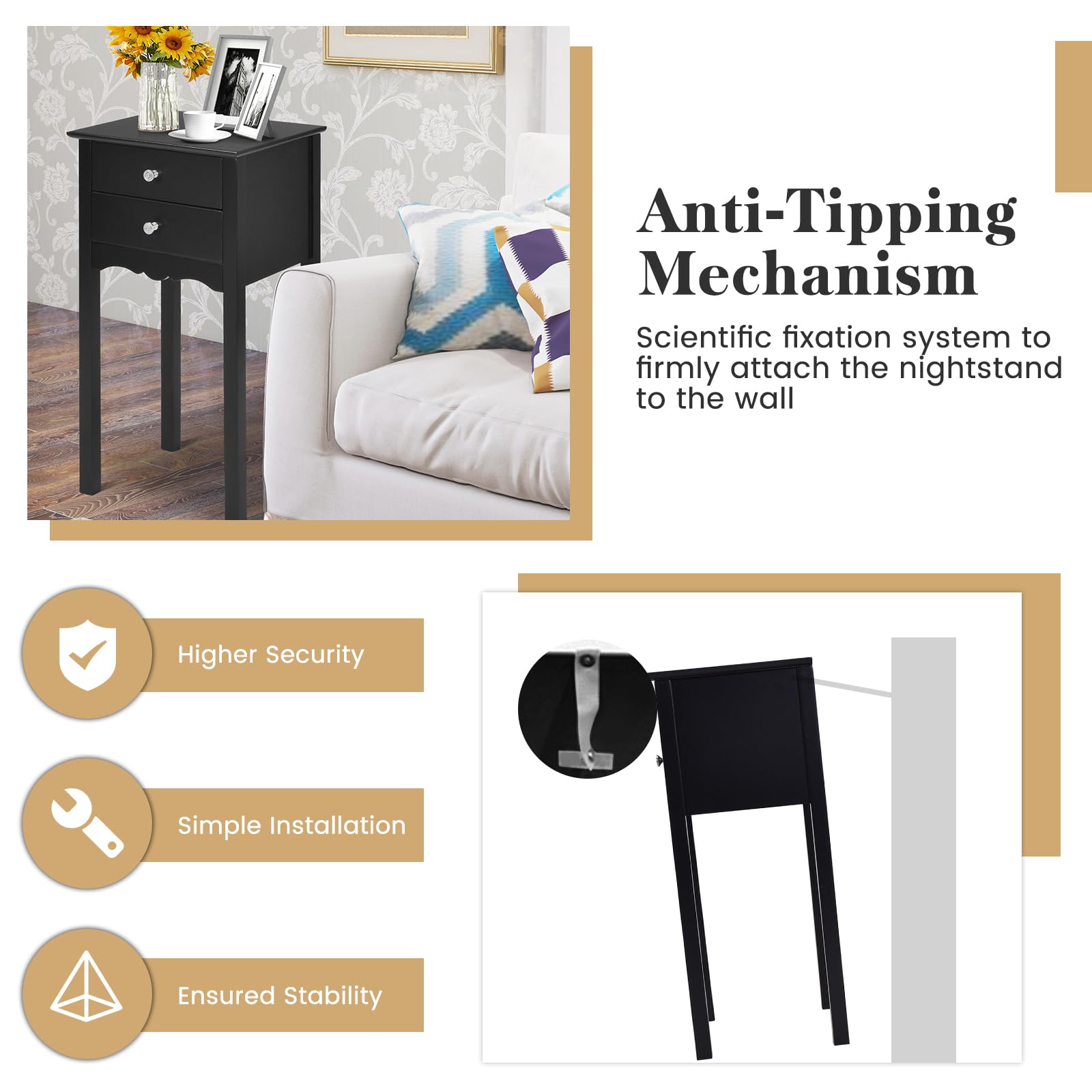 Giantex 2-Piece Set Black End Tables with 2 Drawers - Multi-Functional Nightstand, Side Table for Living Room, Bedroom & Home Decor - Perfect for Small Spaces, Storage & Accent Furniture