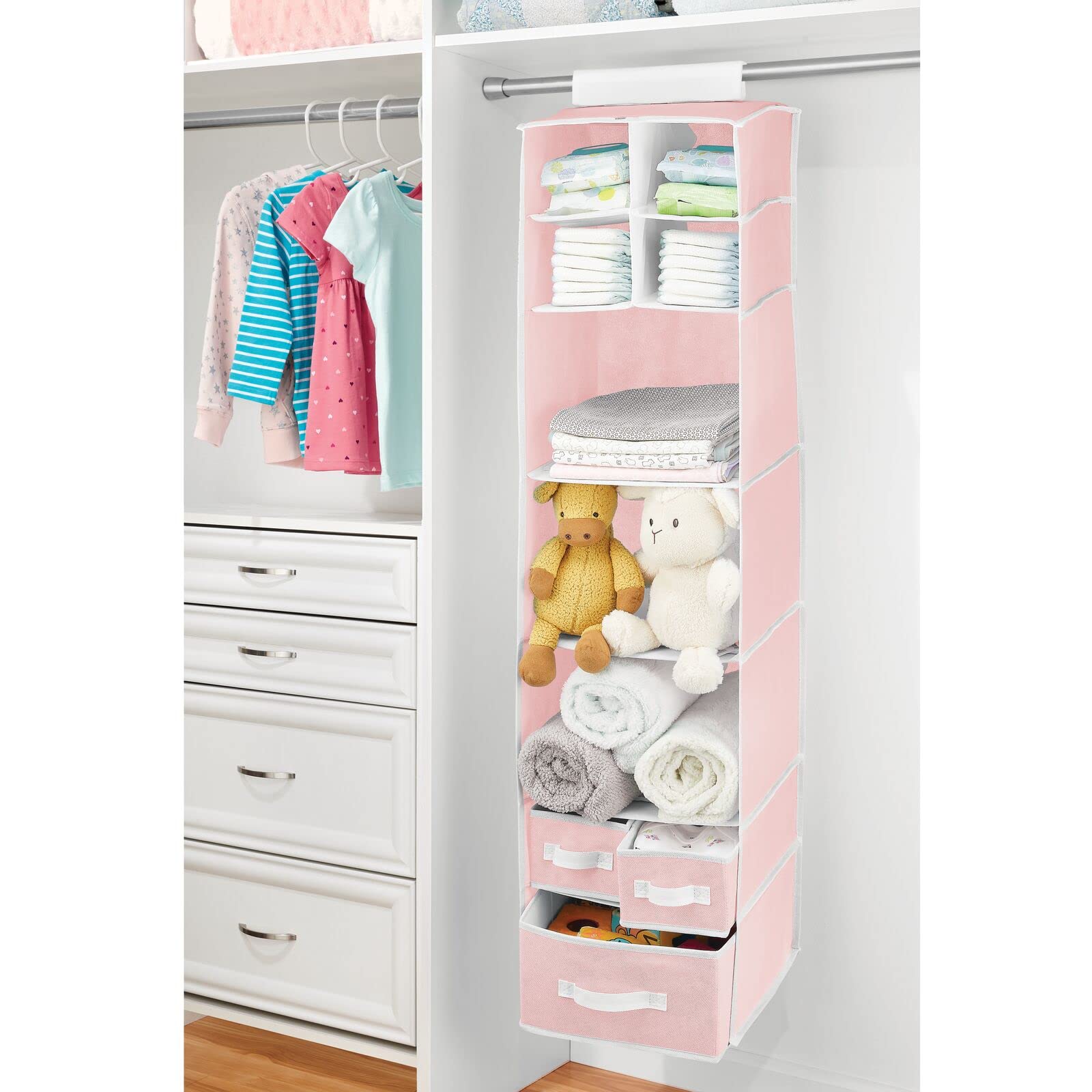mDesign Fabric Hanging Organizer - 7 Shelves & 3 Drawers for Baby Nursery & Bedroom - Pink/White Jane Collection - Perfect for Clothes, Toys & Accessories Storage