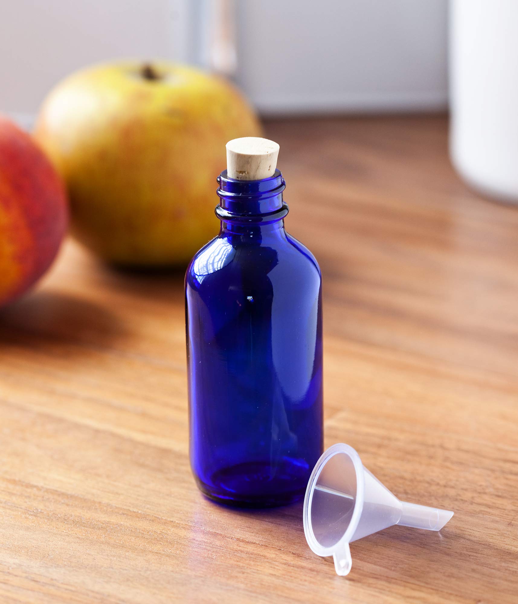 2 oz Cobalt Blue Glass Boston Round Bottle with Cork Stopper - 12 Pack + Free Funnel - Perfect for Essential Oils, DIY Beauty Products & Home Brewing
