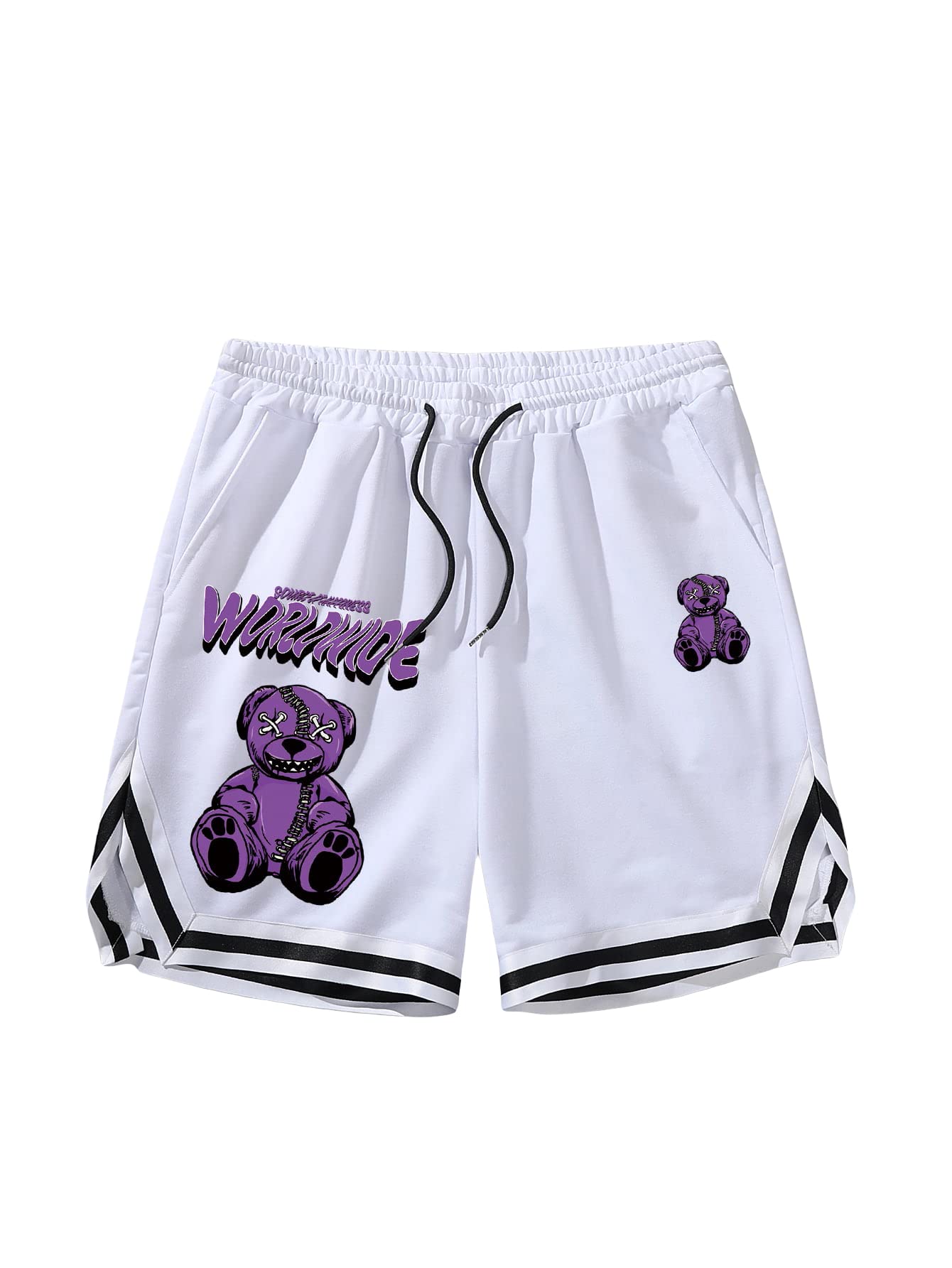 GORGLITTER Men's Running Shorts with Bear Letter Graphic - Striped Trim Athletic Shorts with Drawstring & Pockets - Perfect for Jogging, Gym Workouts and Casual Wear