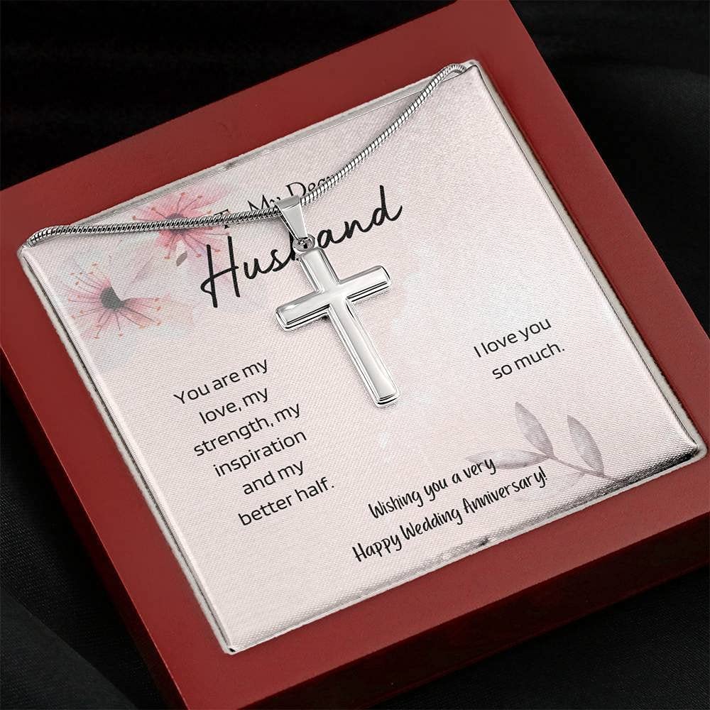 Personalized Cross Necklace for Men - Handcrafted Anniversary Gift for Husband - Wedding Jewelry with Engraved Message - Perfect for Valentine's Day, Birthday & Romantic Occasions