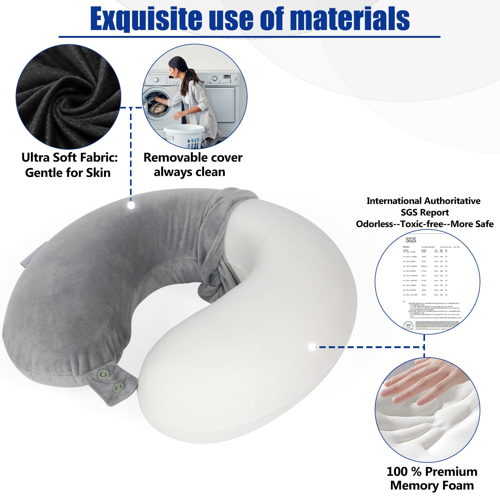 Saireider 100% Memory Foam Travel Neck Pillow - Adjustable Airplane Pillow for Neck Support, Prevents Head from Falling Forward - Perfect for Long Flights, Road Trips & Office Naps (Grey)