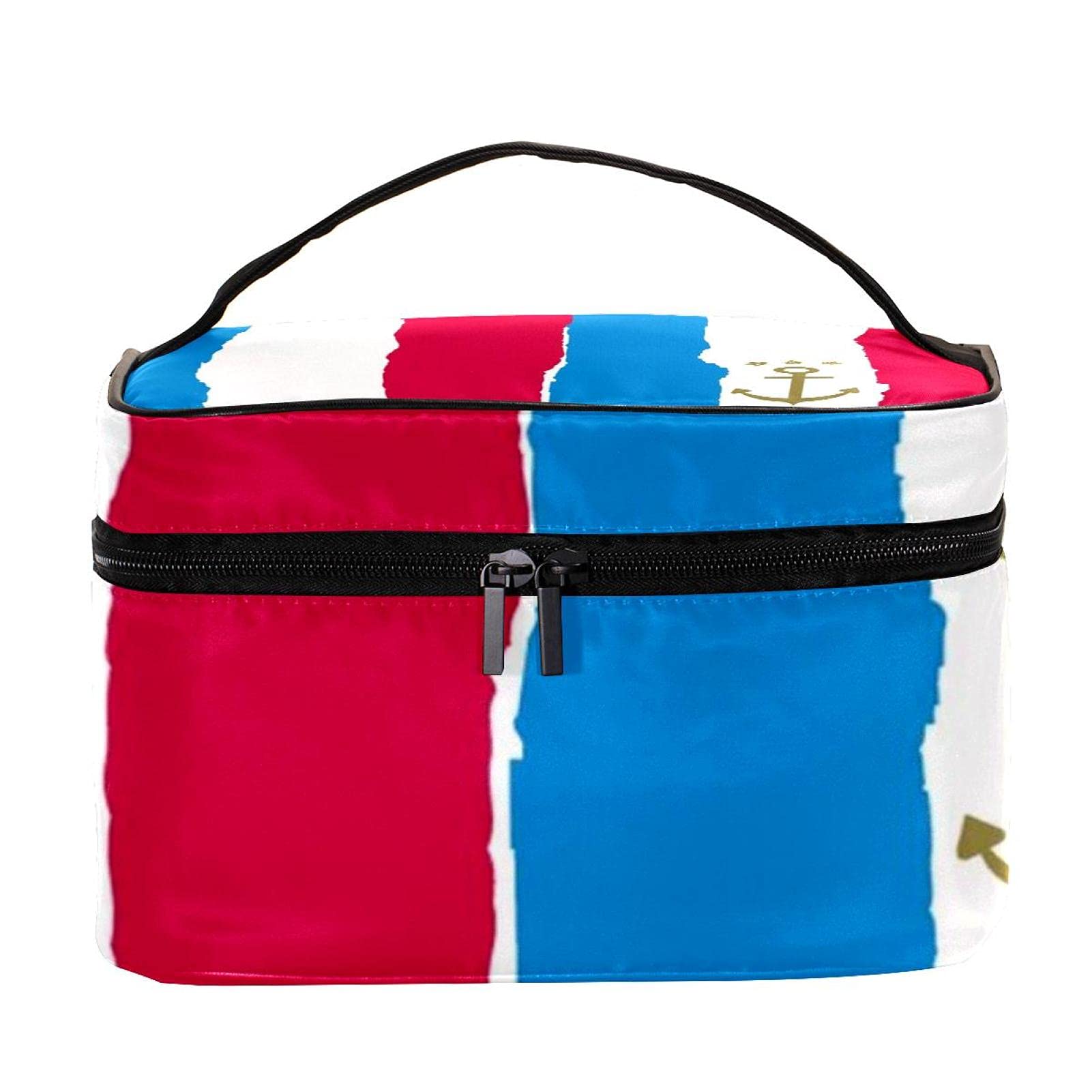 White Red Blue Stripes Gold Anchor & Stars Large Travel Makeup Bag - Cosmetic Organizer Case with Zipper for Women & Girls | Perfect for Vacation, Beach Trips & Daily Essentials Storage