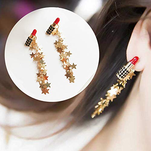 Sexy Red Lipstick Pin Earrings for Women - Long Star Tassel Fringe Drop Dangle Earrings - Wedding & Party Jewelry - Perfect for Date Nights, Prom, and Special Occasions