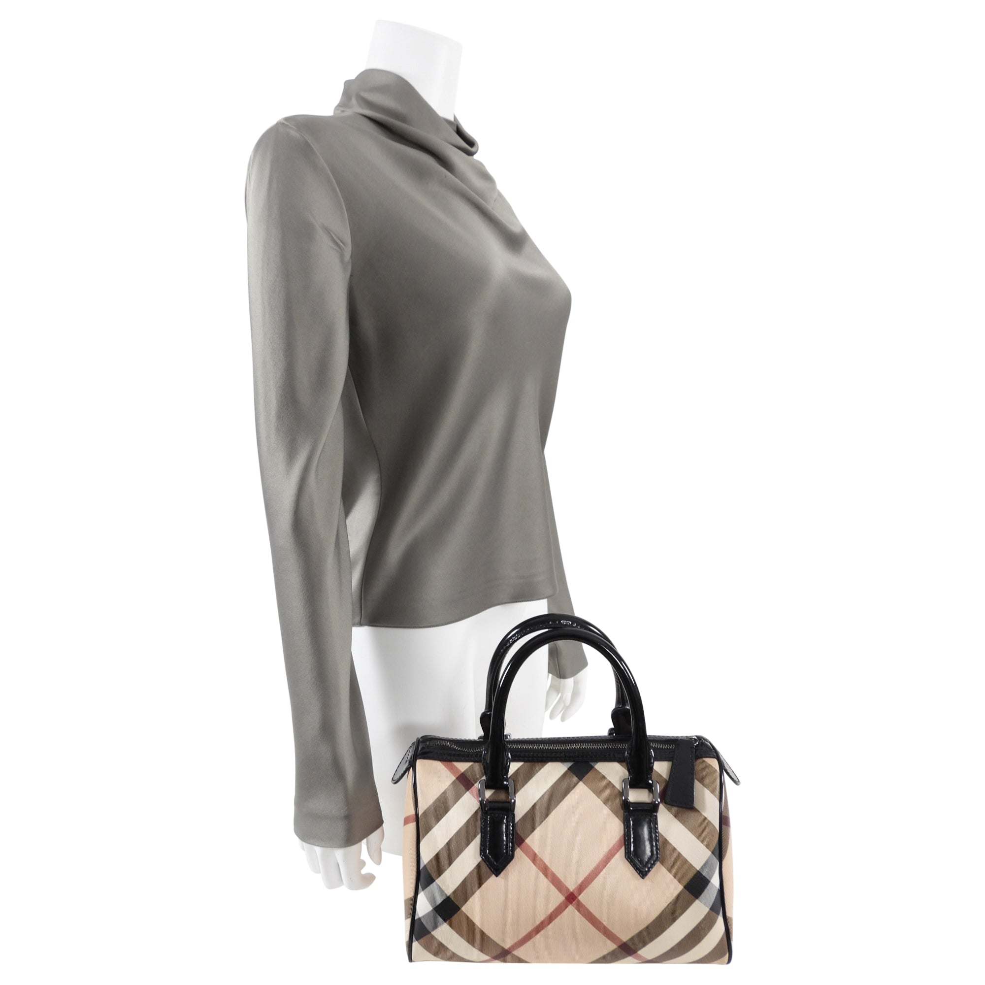 Burberry Nova Check & Patent Leather Small Boston Bag - Luxury Crossbody Handbag for Women, Perfect for Work, Travel & Everyday Use