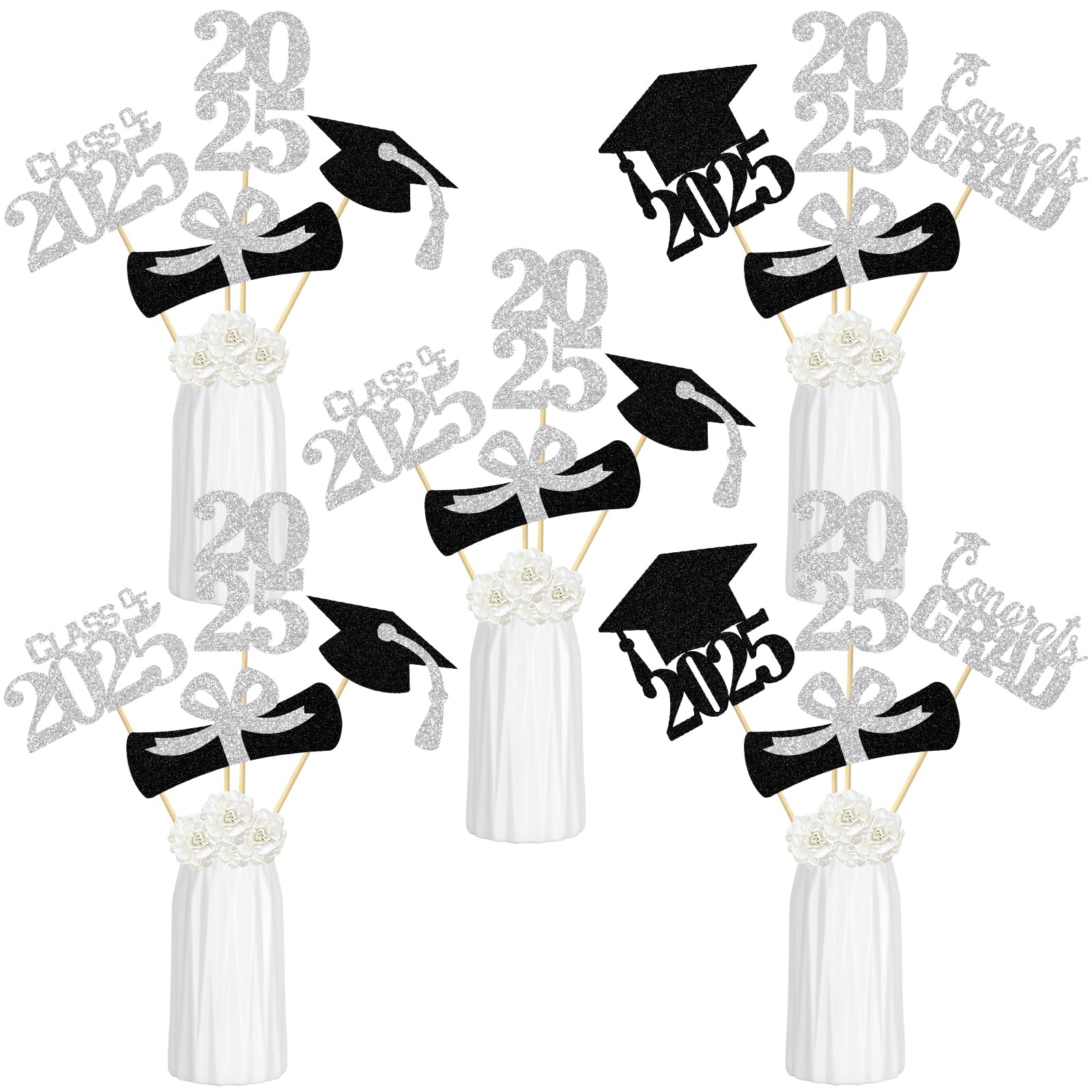 24Pcs Silver Graduation Table Centerpieces Sticks - Elegant Class of 2025 Graduation Party Decorations for Tables, Commencement Ceremony & High School/College Graduation Celebrations