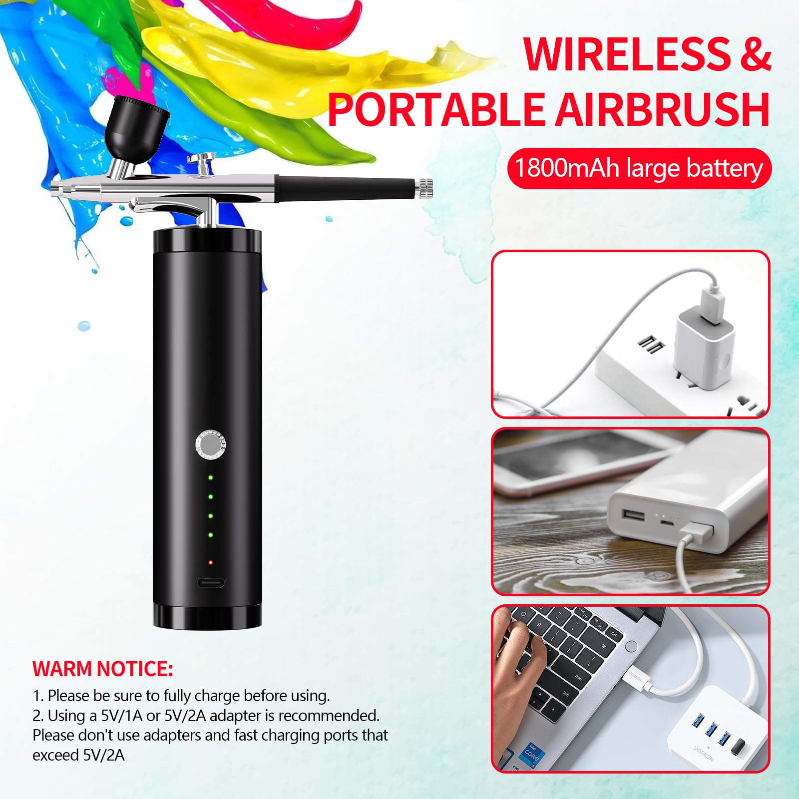 Portable Airbrush Kit with Compressor - 0.3mm Nozzle Cordless Airbrush Gun Set, High Pressure Handheld Airbrush for Makeup, Nails, Tattoo, Model Painting & DIY Crafts (Black) - Perfect for Professional Artists & Hobbyists