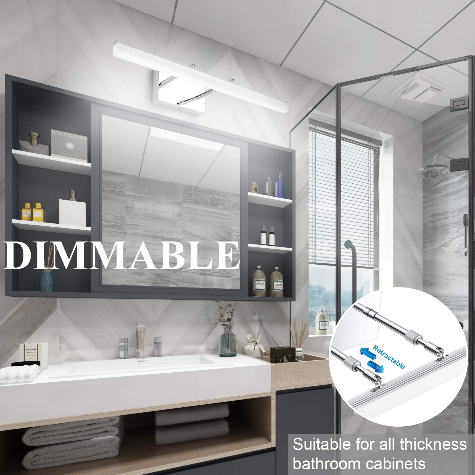 Aipsun 24 Inch Dimmable LED Vanity Light - Adjustable Bathroom Mirror Lighting Fixture with Chrome Finish (White Light) - Perfect for Modern Bathrooms, Makeup Vanity & Dressing Rooms