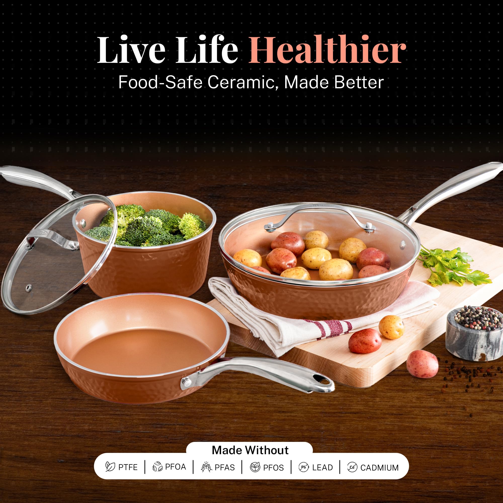 GOTHAM STEEL Hammered 15-Piece Ceramic Nonstick Cookware Set - Copper Pots and Pans Kitchen Set with Utensils, Deep Cookware for Frying, Boiling & Sauteing | Oven & Dishwasher Safe, PFOA-Free Non-Toxic Cookware for Healthy Cooking | Perfect for Family Meals, Entertaining & Everyday Kitchen Use