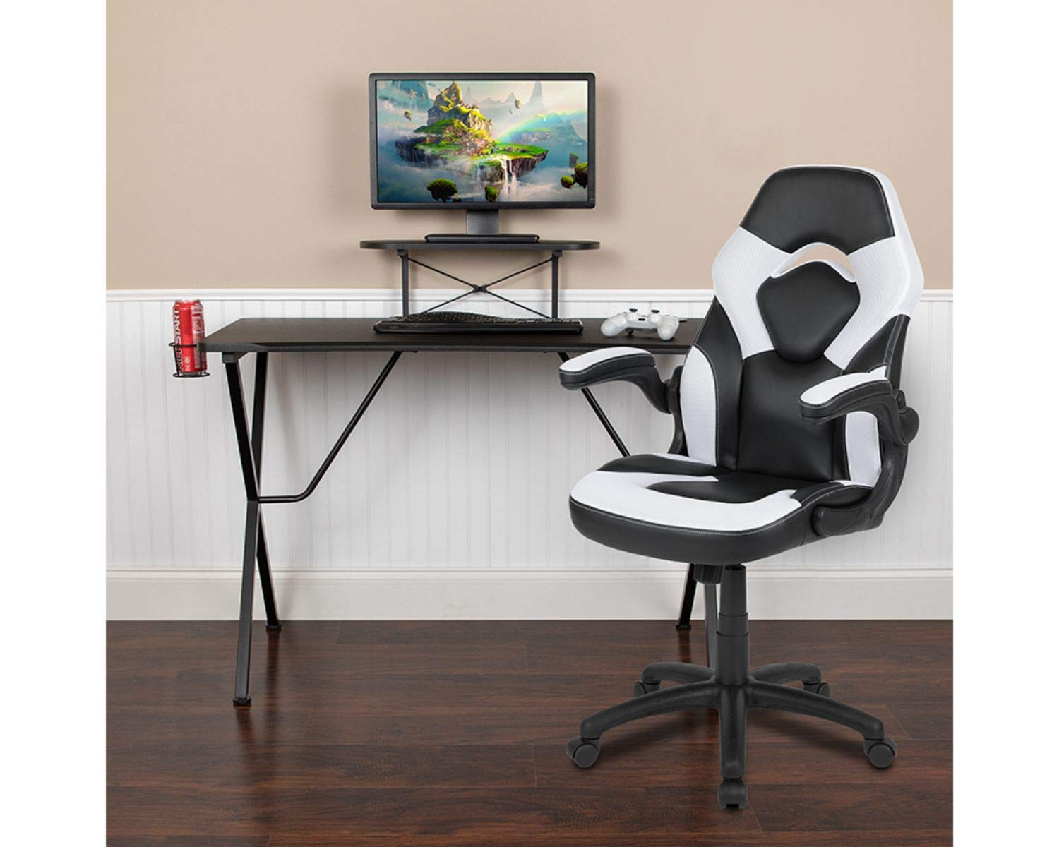 Flash Furniture Black Gaming Desk & White/Black Racing Chair Set with Cup Holder, Headphone Hook & Monitor Stand - Perfect for Esports, Streaming & Home Office Gaming Setup