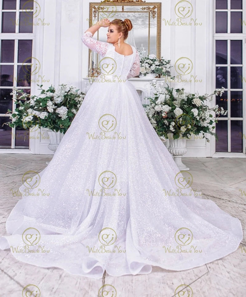 Sparkly Plus Size 3/4 Sleeve V-Neck Ball Gown Wedding Dress for Women - Elegant Bridal Gown for Church, Beach & Formal Weddings