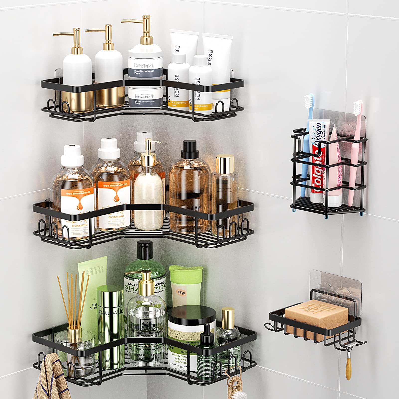 5-Pack Adhesive Shower Caddy Organizer - Wall Mounted Bathroom Storage with Soap Holder & Toothbrush Rack - Space Saving Shower Shelves for Small Bathrooms, Apartments & Dorm Showers