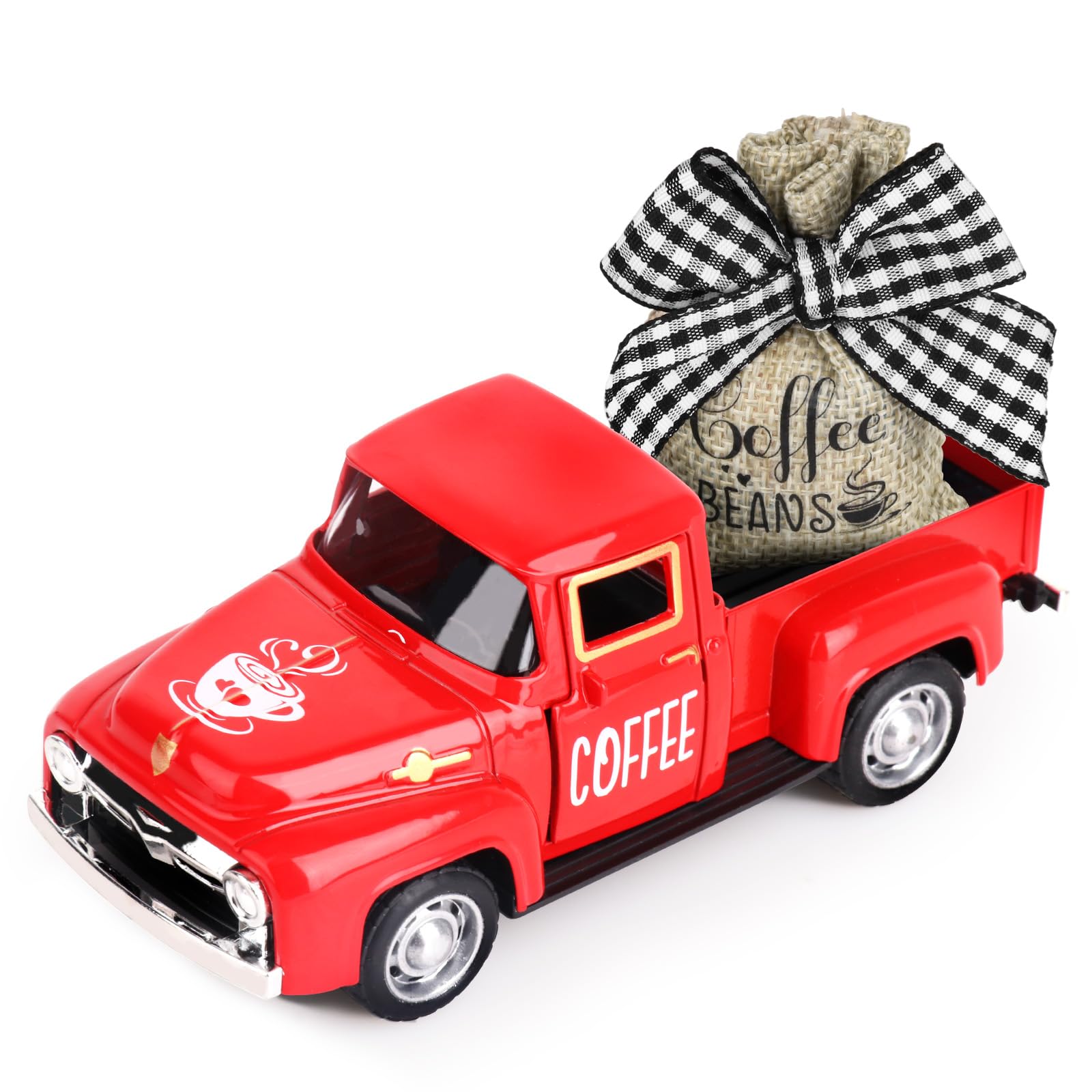 Vintage Metal Coffee Truck Decor with Burlap Sack & Coffee Beans - Rustic Farmhouse Kitchen, Coffee Bar & Coffee Station Accessories - Perfect for Home, Cafe & Coffee Shop Decor
