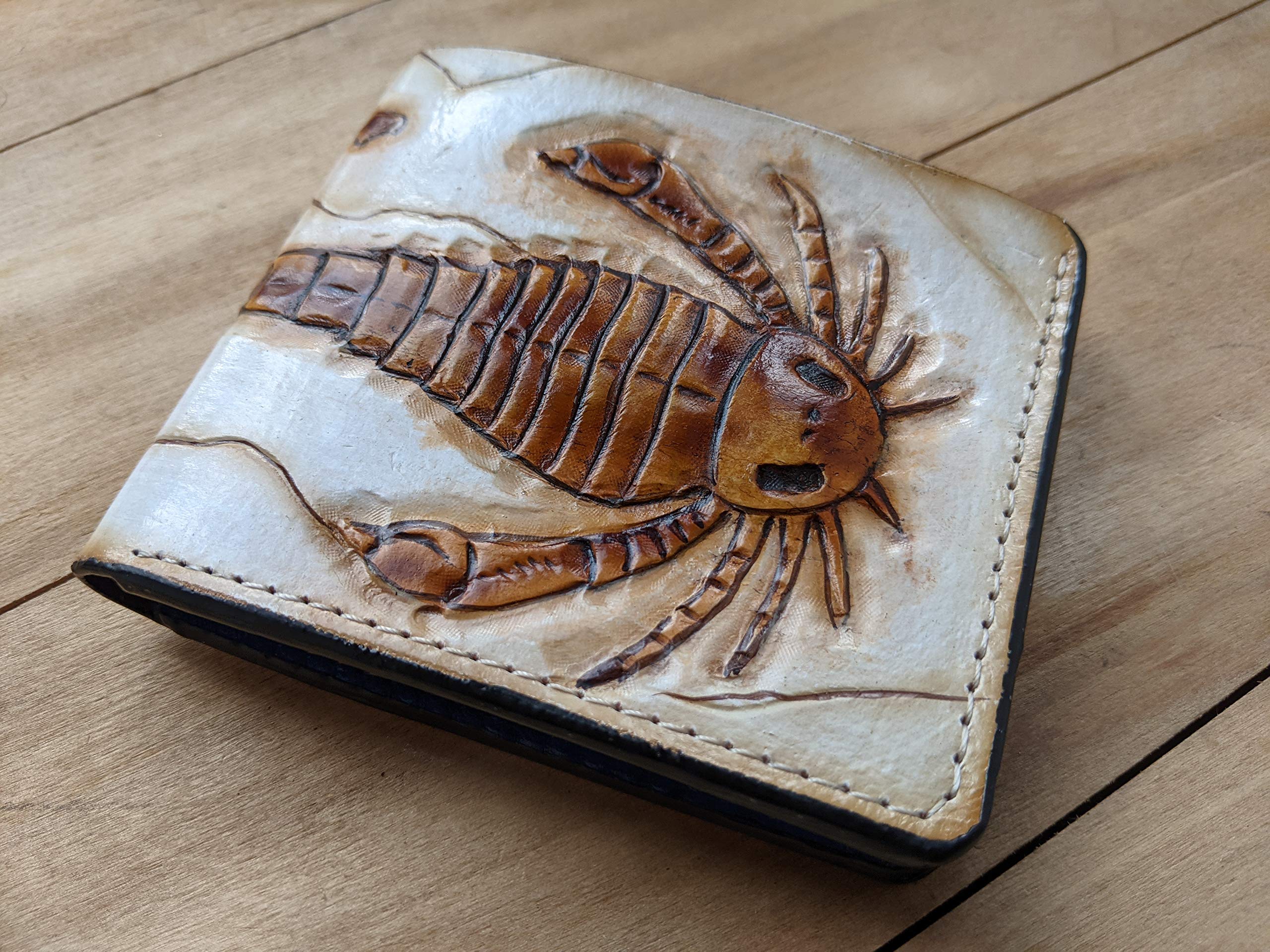 Handmade 3D Genuine Leather Wallet for Men - Custom Carved & Painted Eurypterid Sea Scorpion Design with Iron Pyrite Fossil Accents - Unique Personalized Gift for Dad, Husband, Boyfriend - Perfect for Daily Use, Travel & Special Occasions