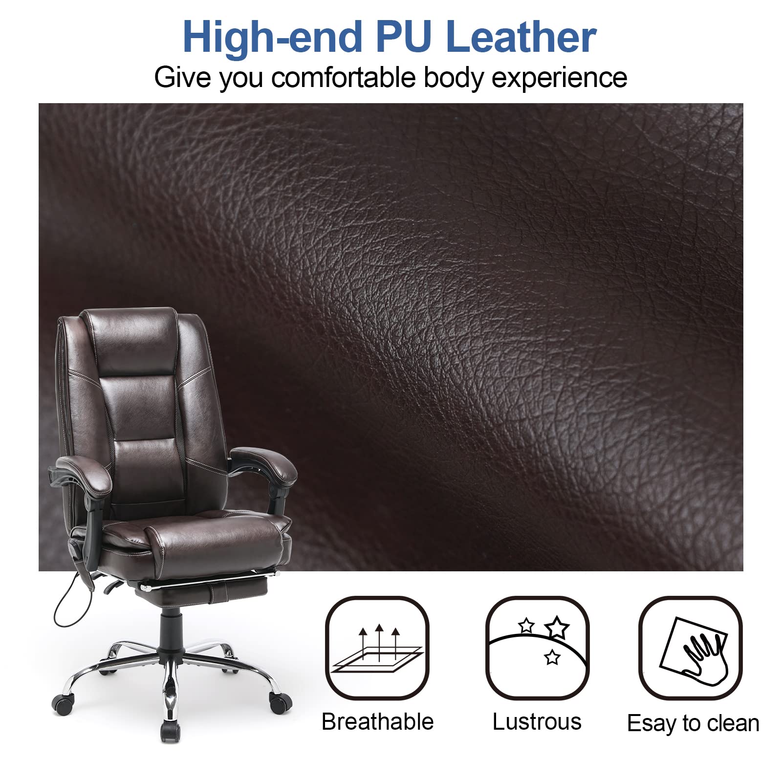 HOMREST 2-Point Massage Executive Office Chair with Footrest - Heated Reclining Ergonomic Desk Chair with Lumbar Support & Armrests - Brown Computer Chair for Home Office, Gaming & Workstation Use